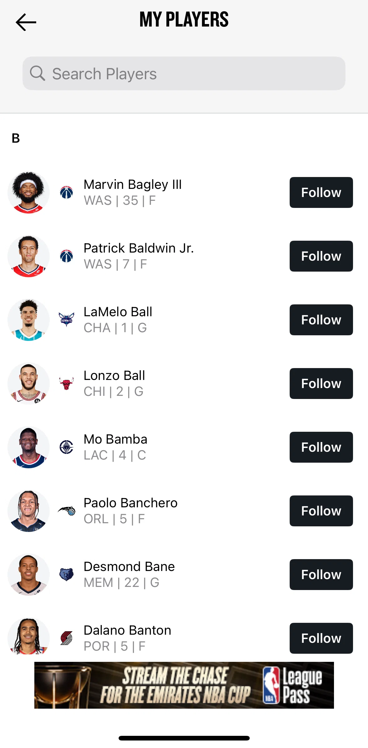NBA Screen screen in the Searching a player flow