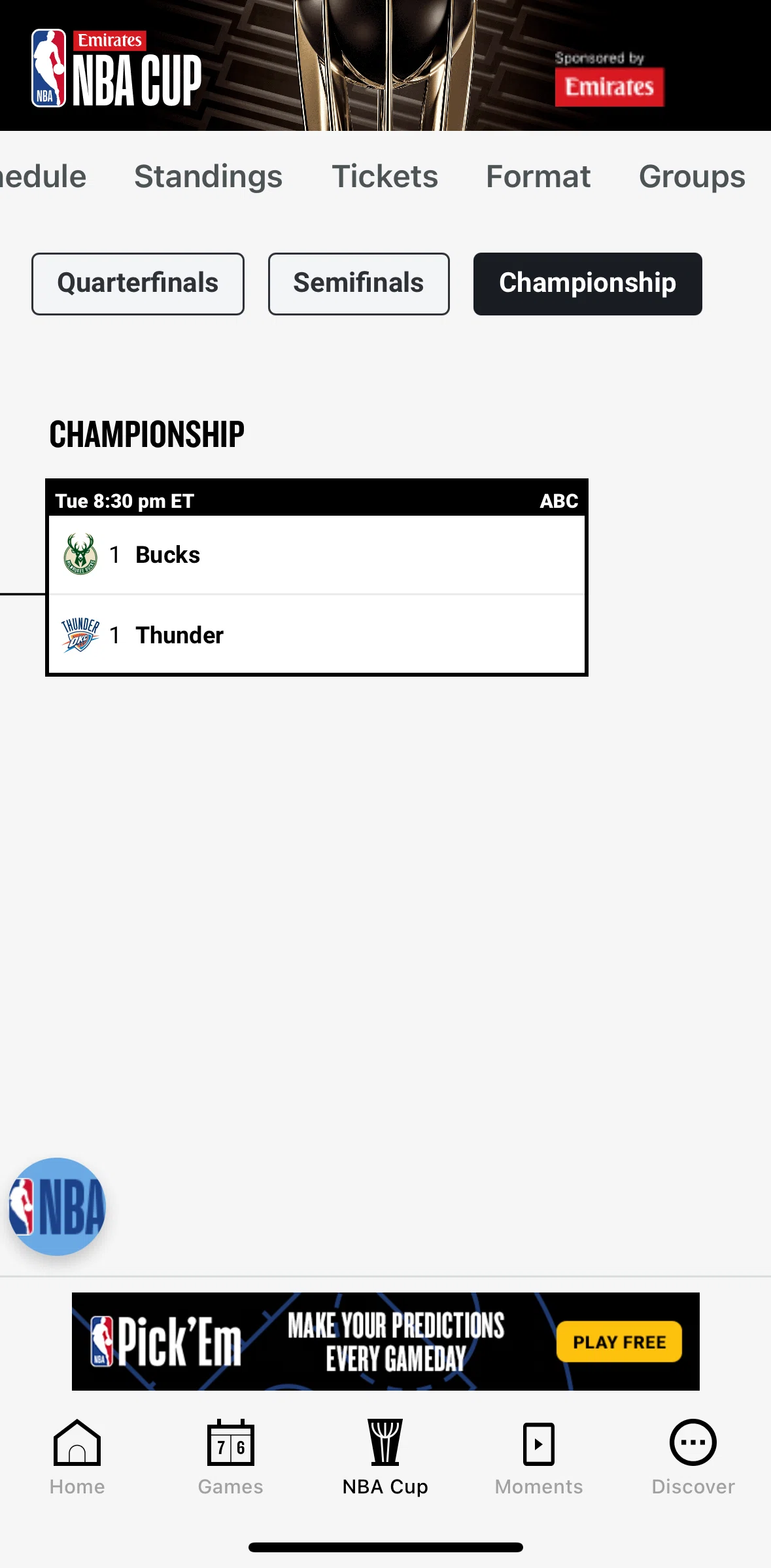 NBA Screen screen in the Standings flow