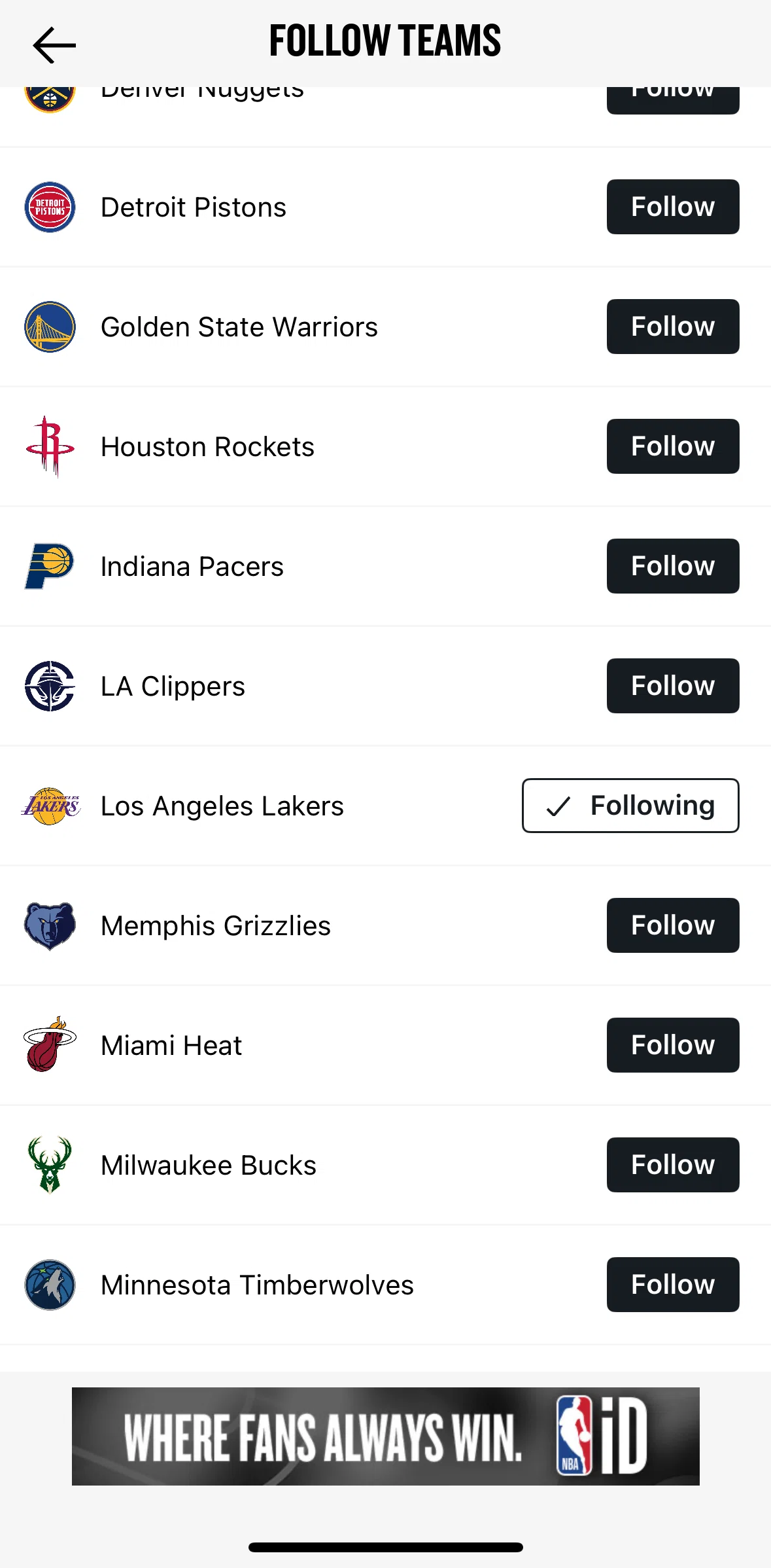 NBA Screen screen in the Team detail flow