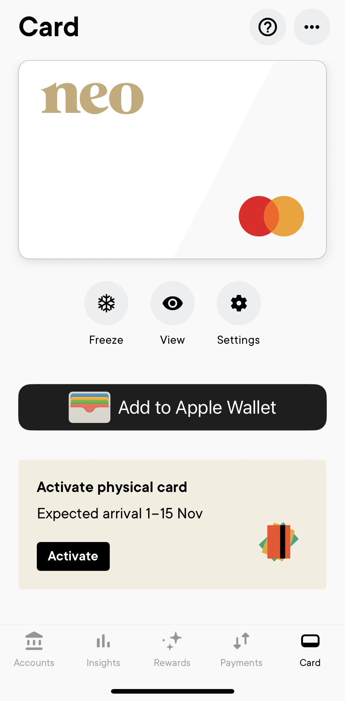Neo Financial Screen screen in the Adding card to Apple Pay flow