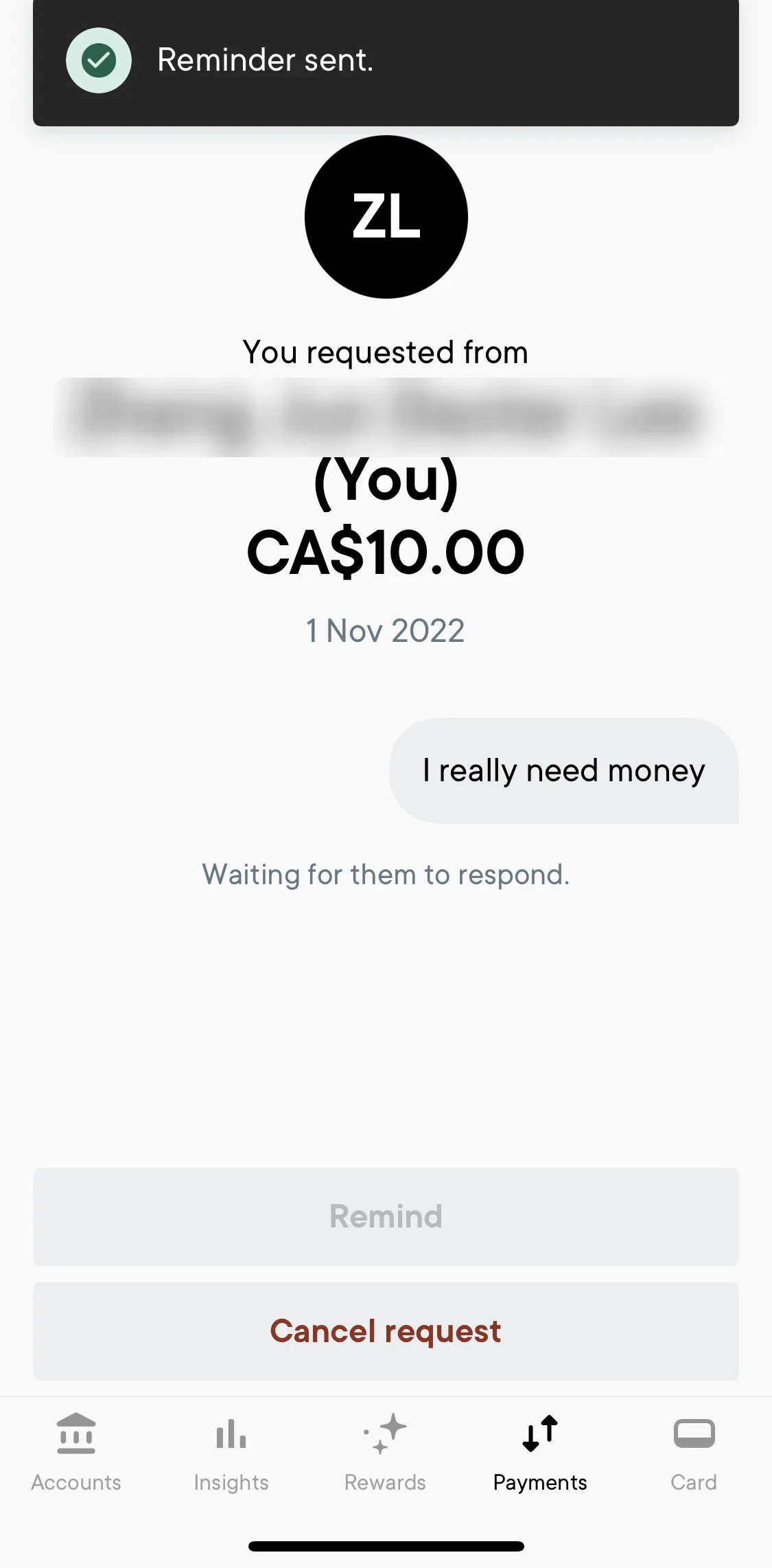 Neo Financial Screen screen in the Cancelling transfer flow