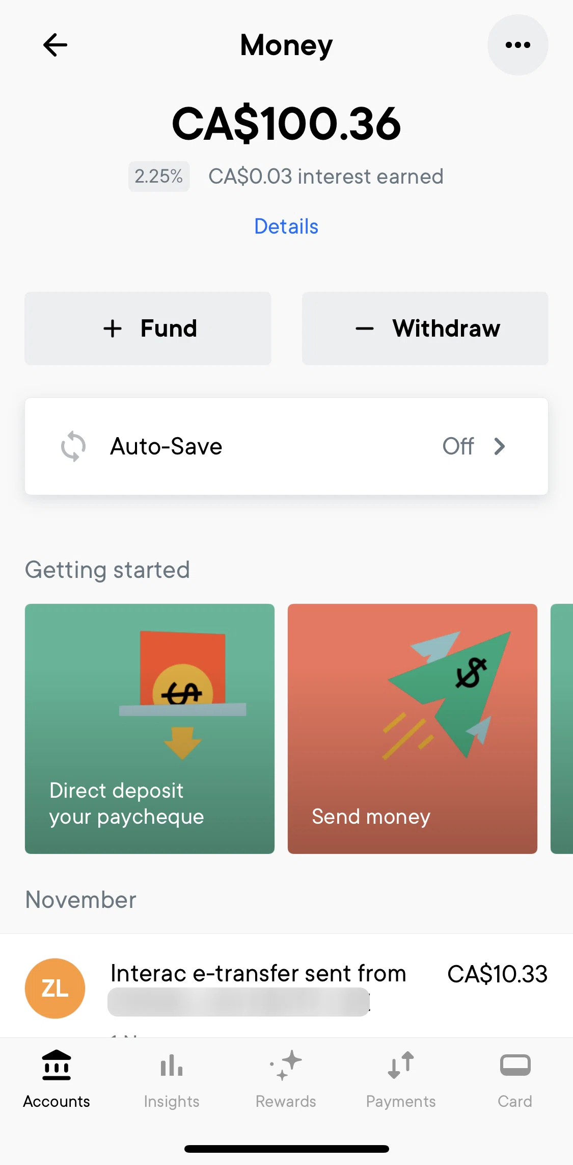 Neo Financial Screen screen in the Depositing money via bank transfer flow