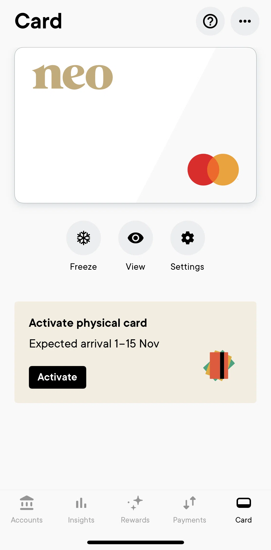 Neo Financial Screen screen in the Freezing card flow