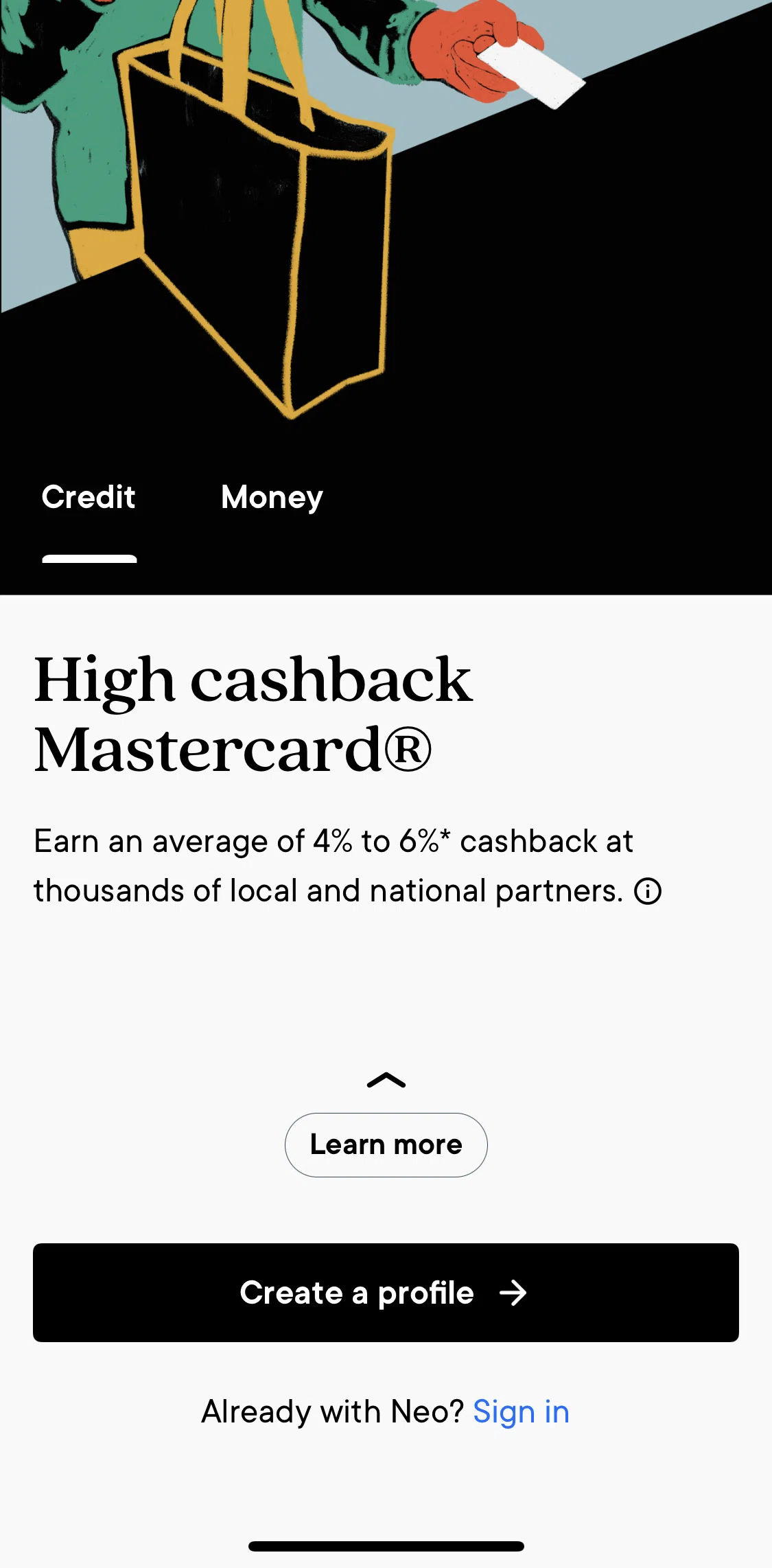 Neo Financial Screen screen in the Neo Credit walkthrough flow