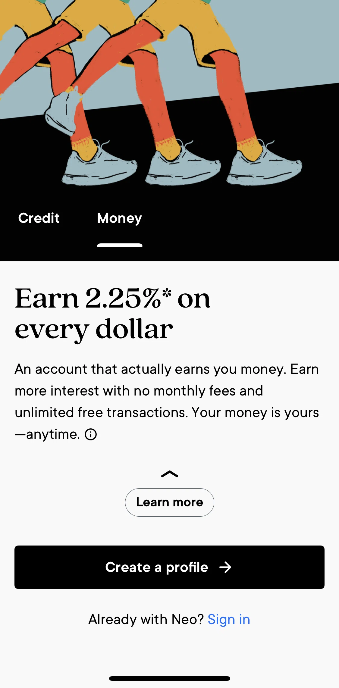 Neo Financial Screen screen in the Neo Money walkthrough flow