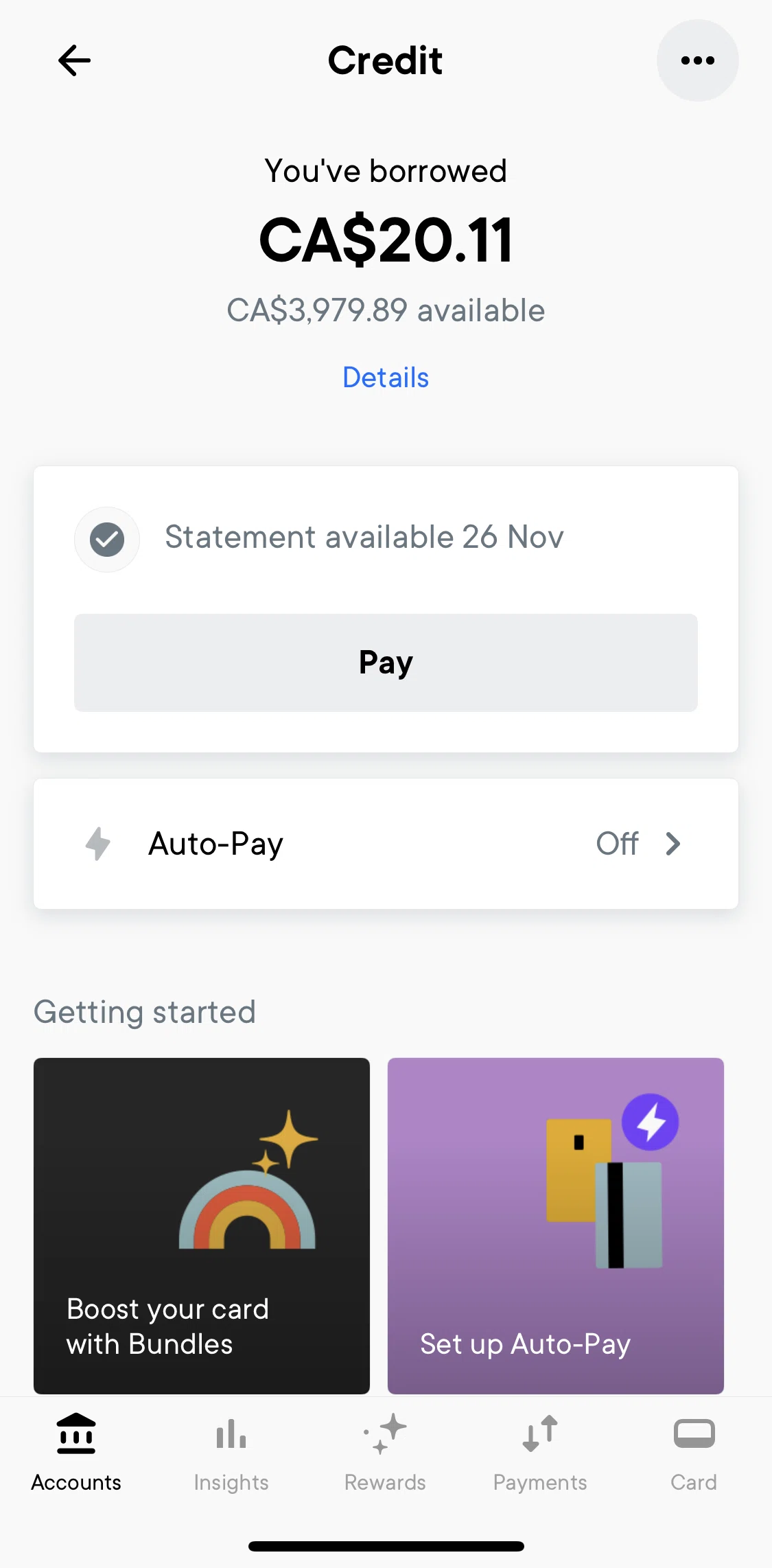 Neo Financial Screen screen in the Paying a card flow