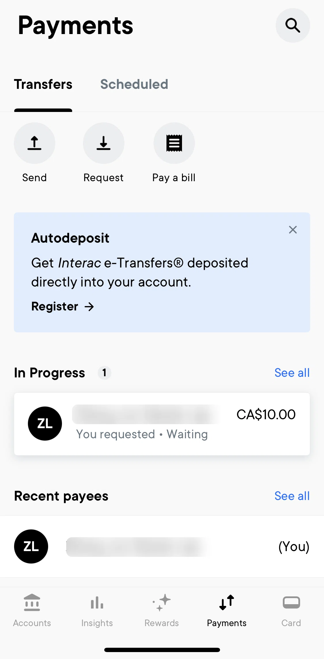 Neo Financial Screen screen in the Payments flow