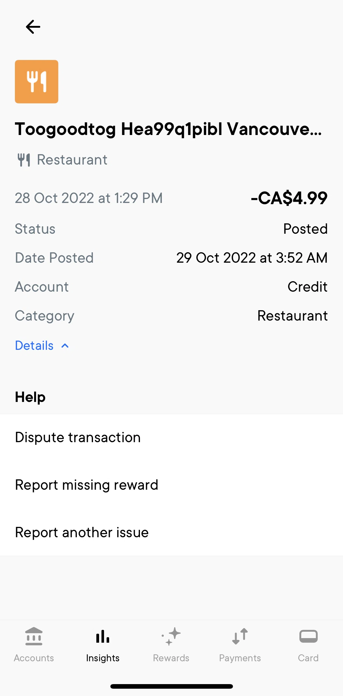 Neo Financial Screen screen in the Reporting a missing reward flow