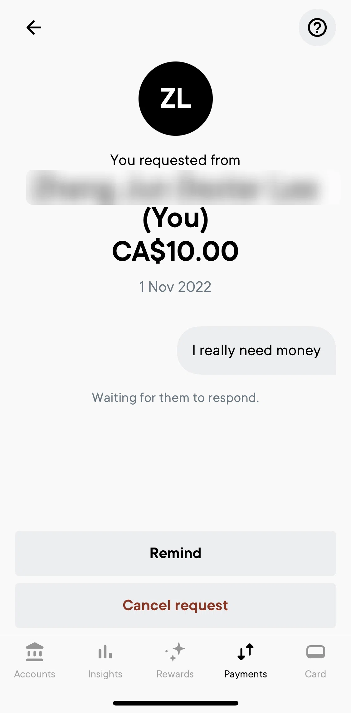 Neo Financial Screen screen in the Sending a reminder flow