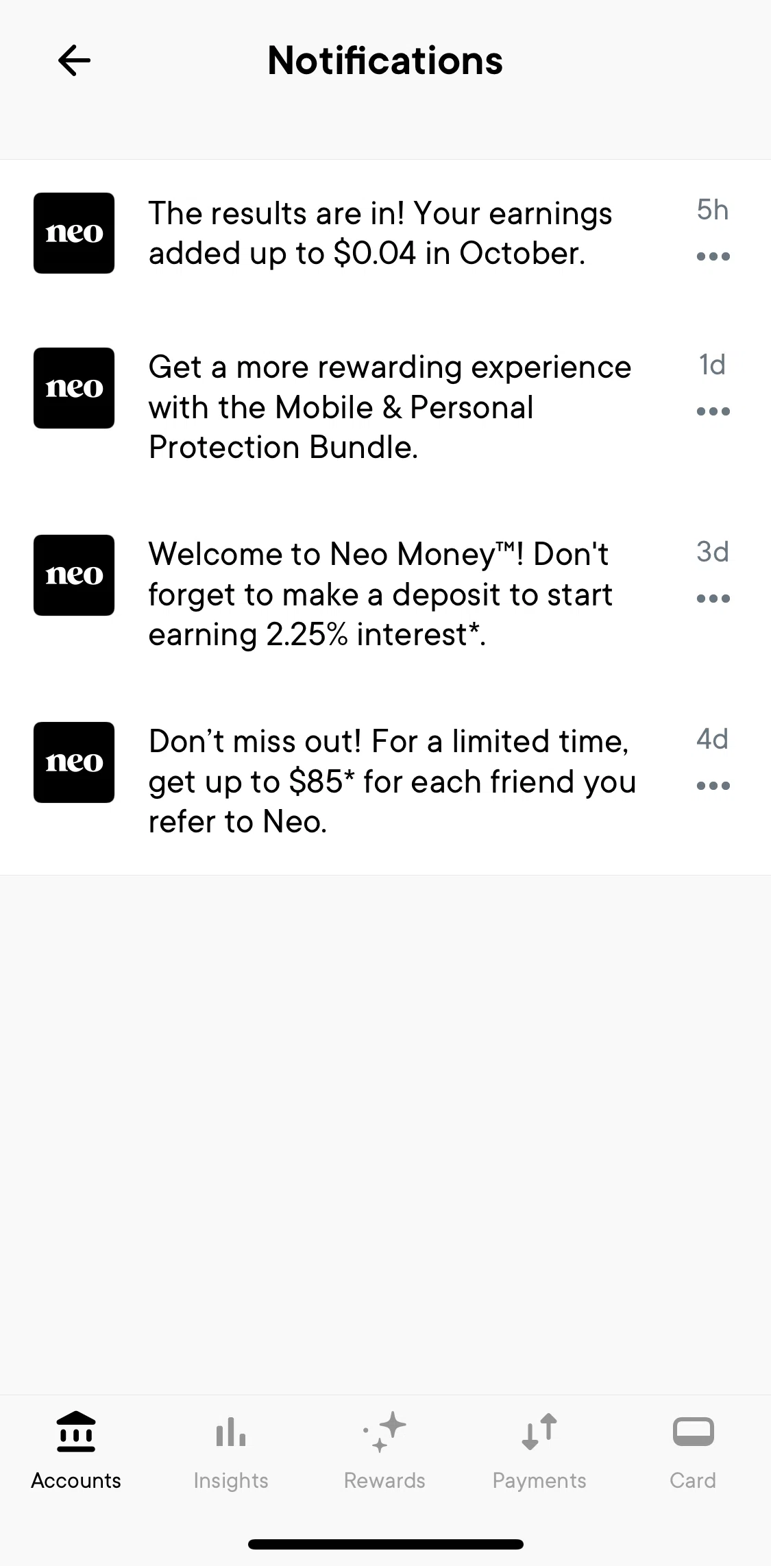 Neo Financial Screen screen in the Turning on notifications flow