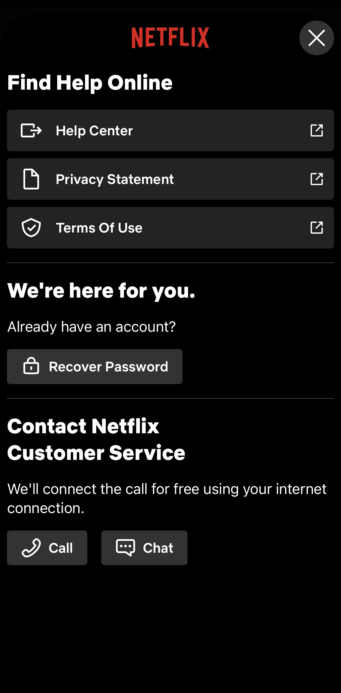 Netflix Screen screen in the Calling a customer service flow