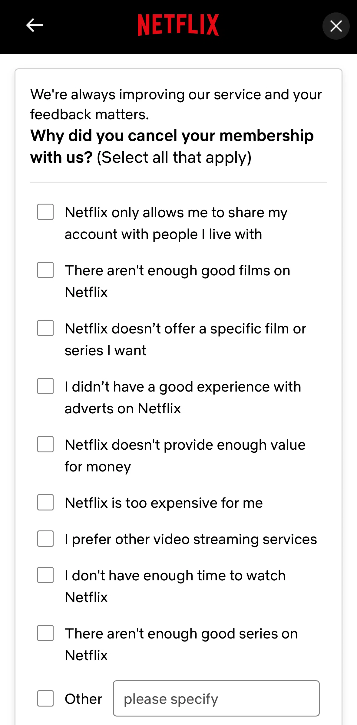 Netflix Screen screen in the Giving feedback flow