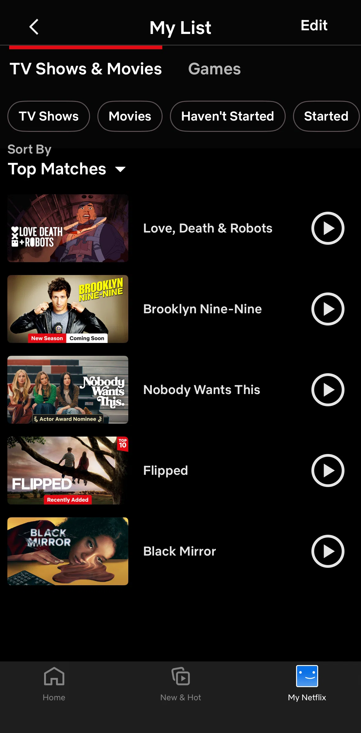 Netflix Screen screen in the Sorting shows & movies flow