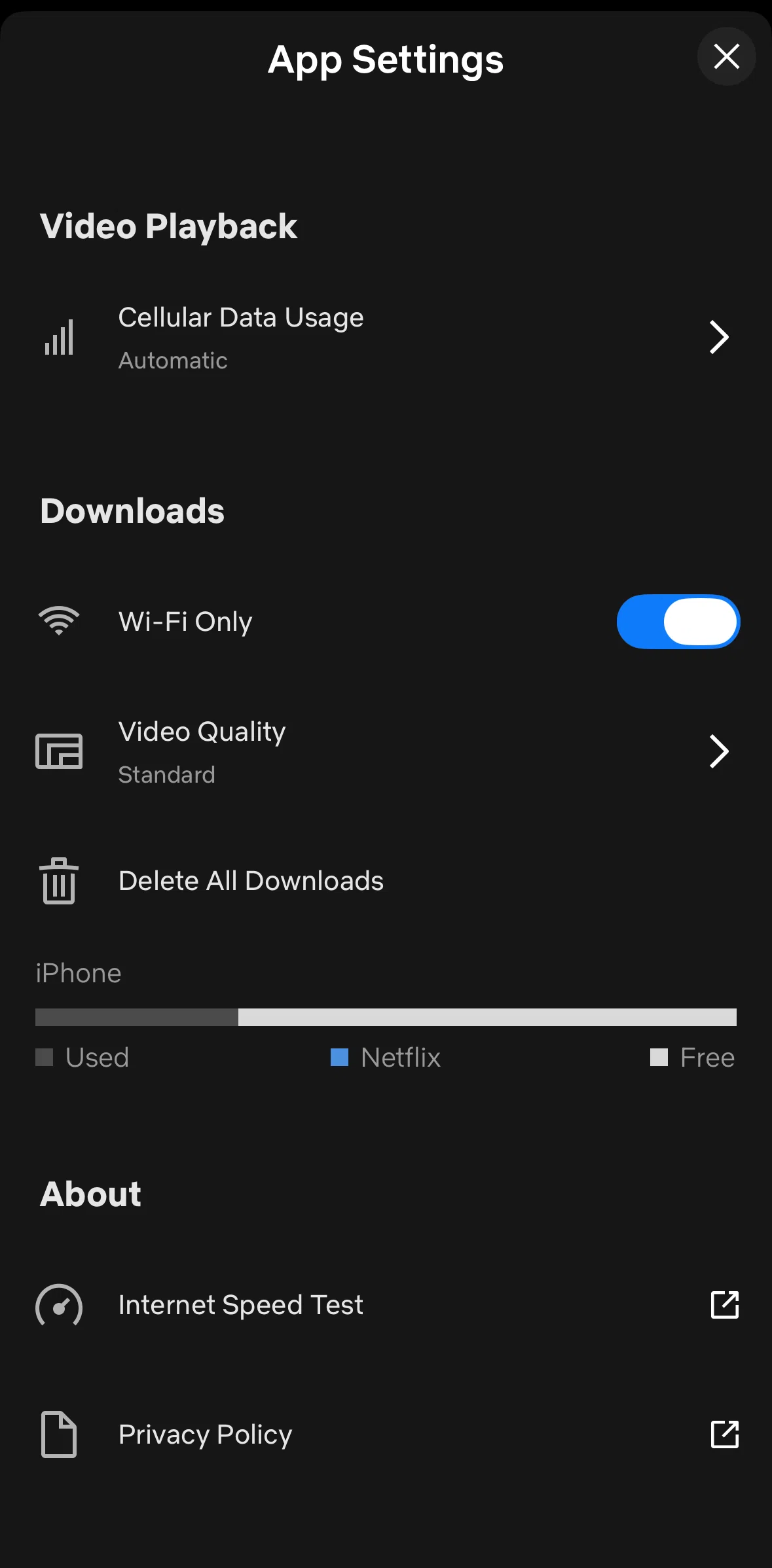 Netflix Screen screen in the Updating cellular data usage settings flow