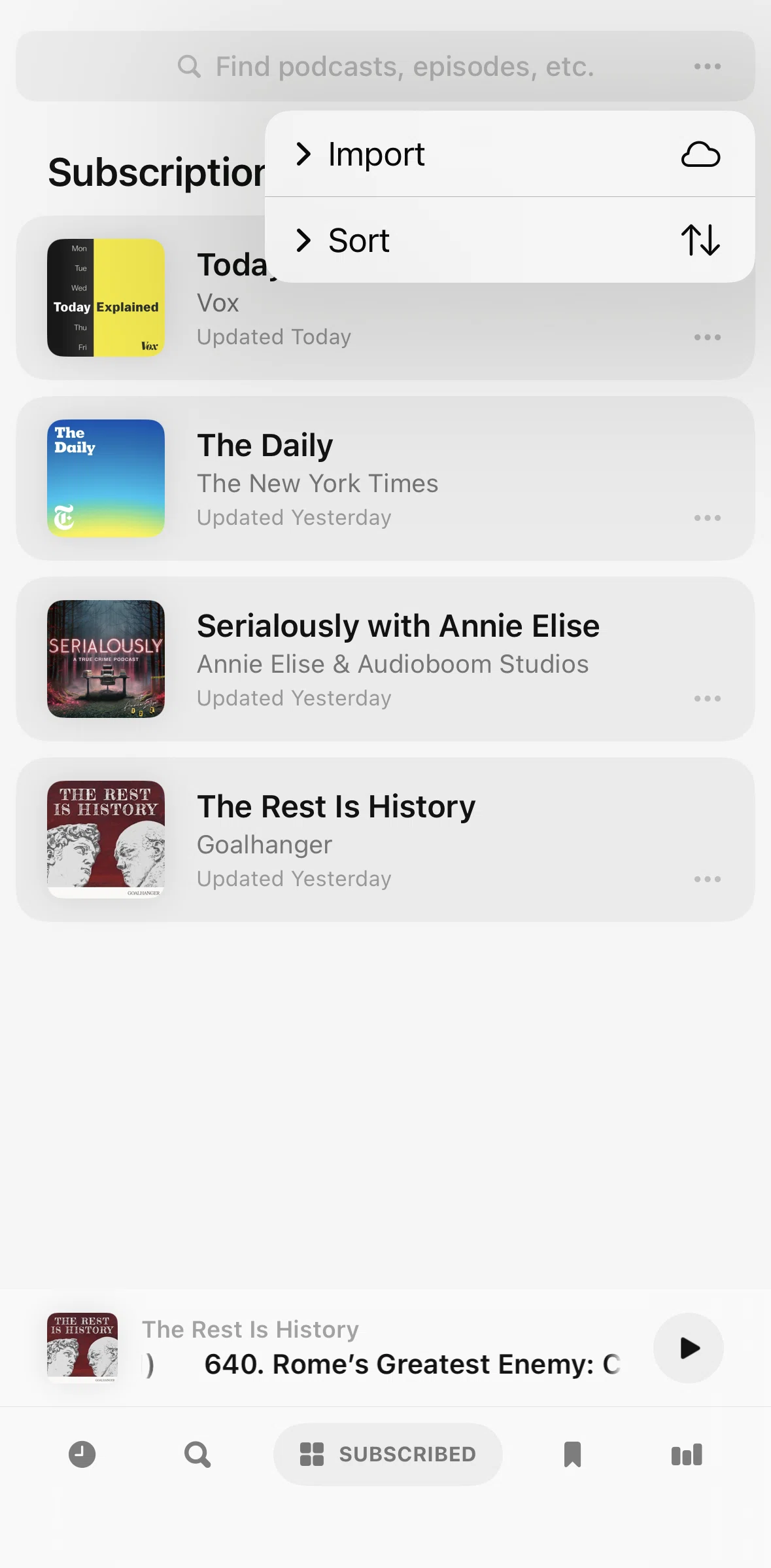 Neuecast Screen screen in the Sorting subscriptions flow