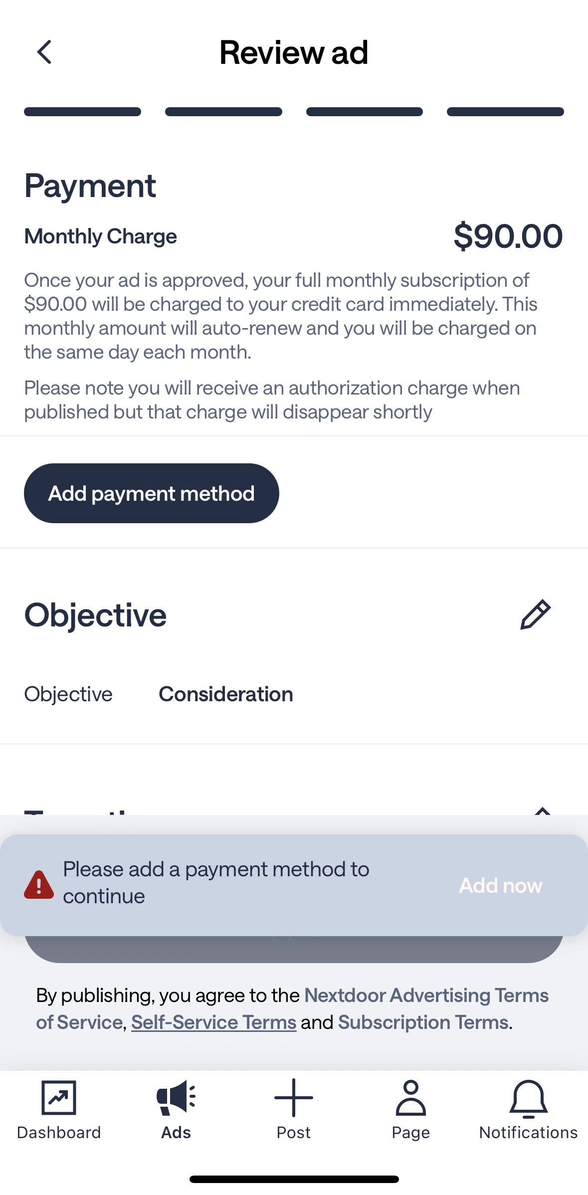 Nextdoor Screen screen in the Add a payment method flow