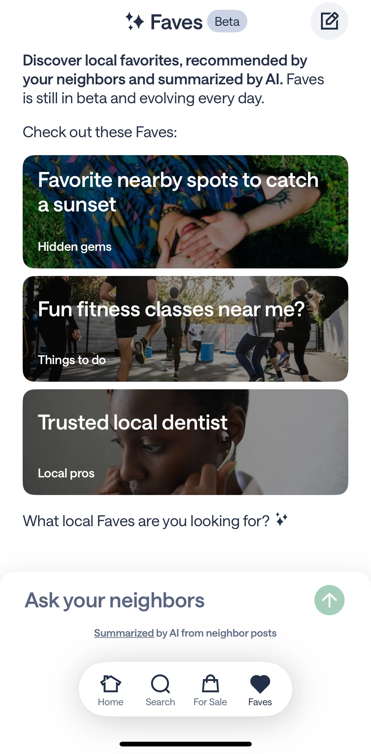 Nextdoor Screen screen in the Asking AI for local favorites flow