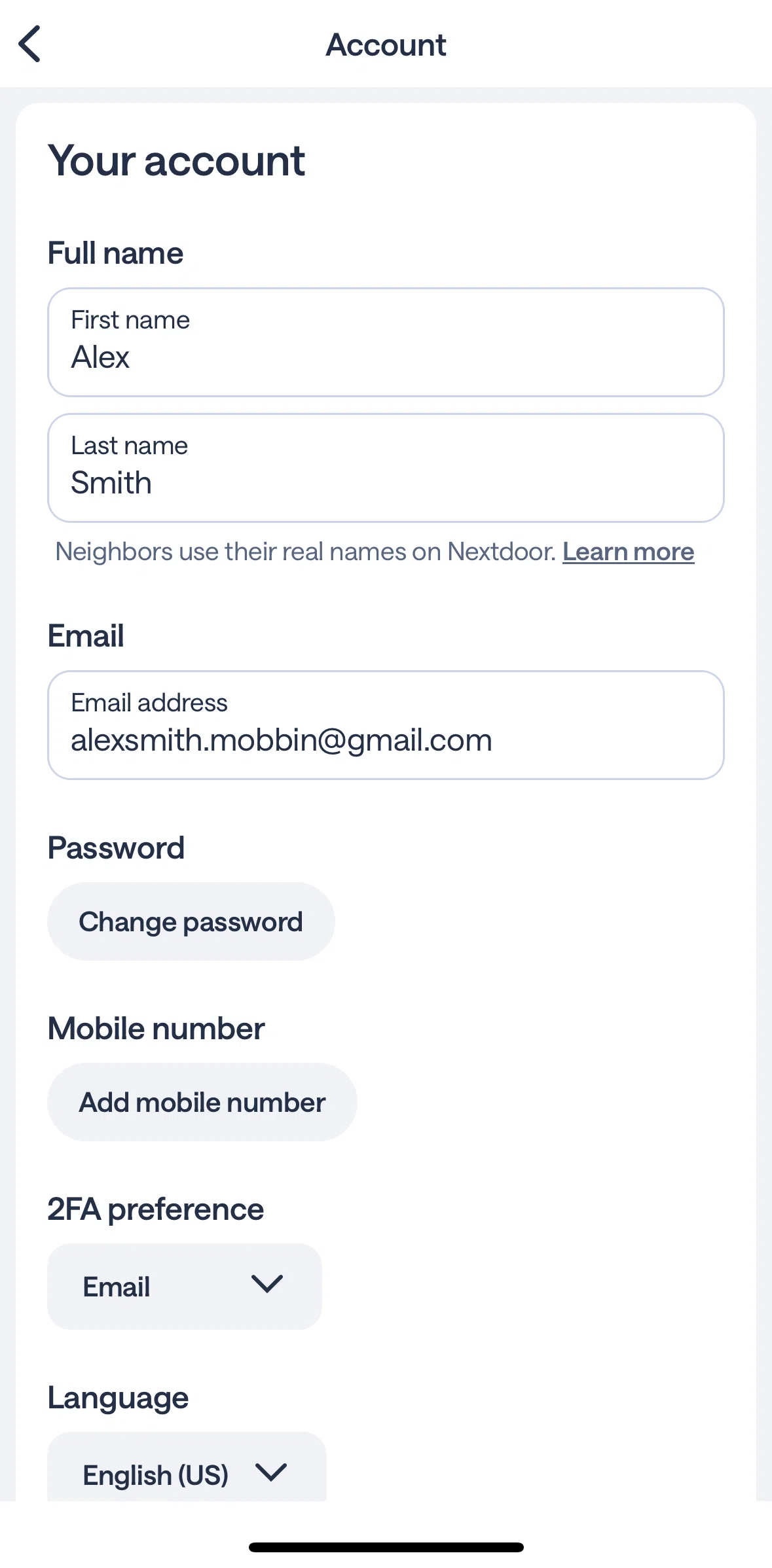 Nextdoor Screen screen in the Changing password flow