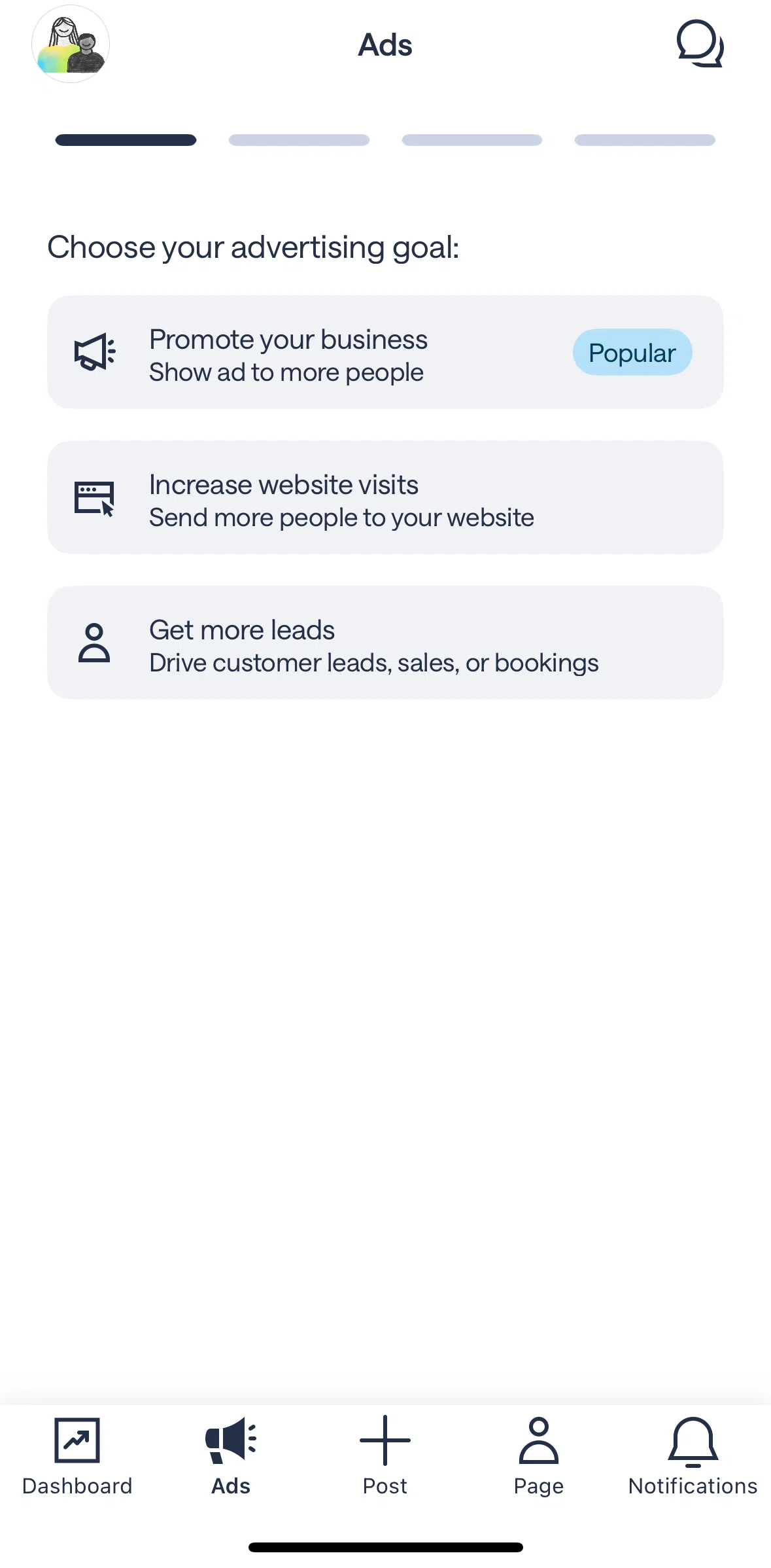 Nextdoor Screen screen in the Create an ad flow