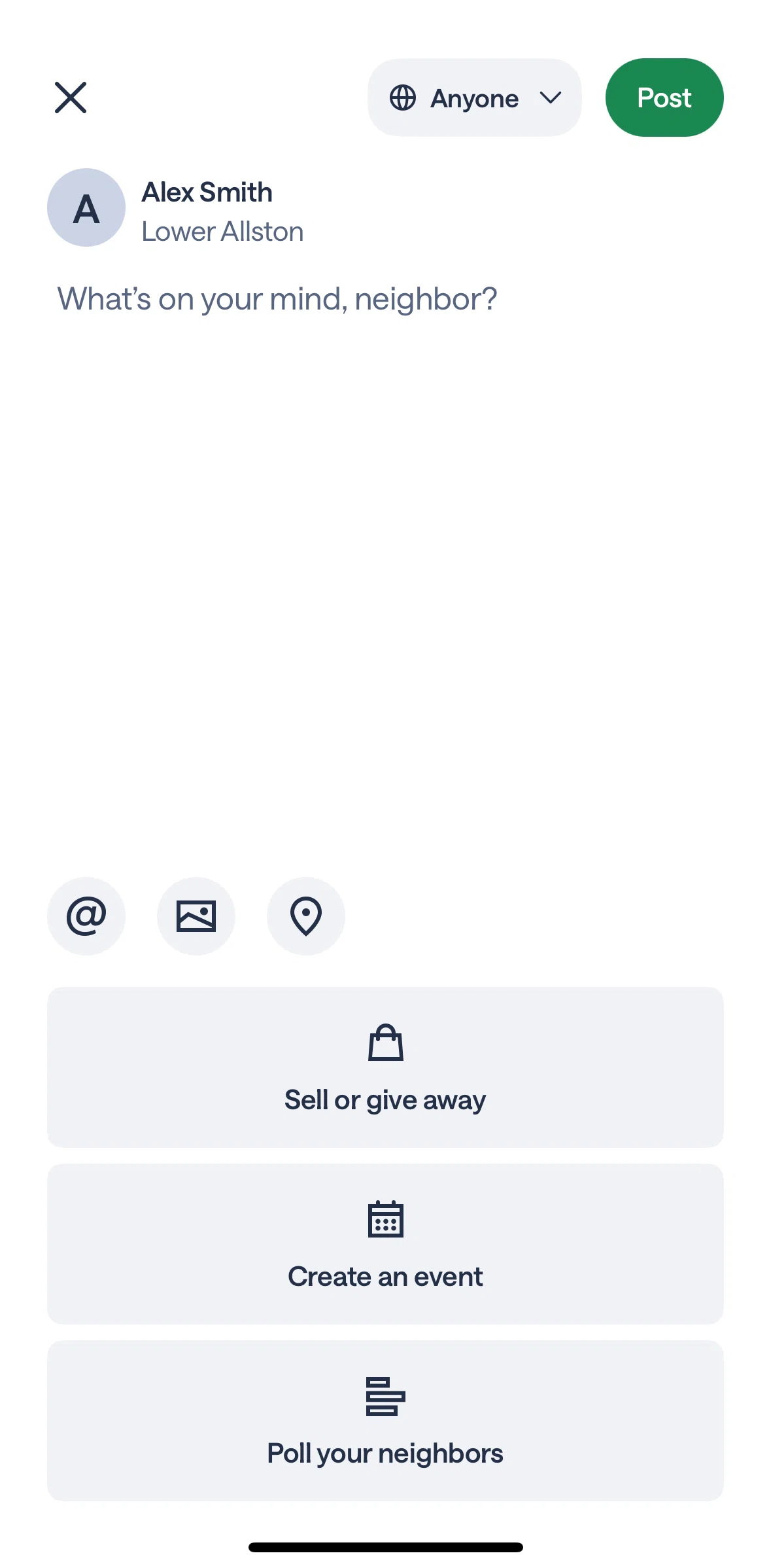 Nextdoor Screen screen in the Creating a post (poll) flow
