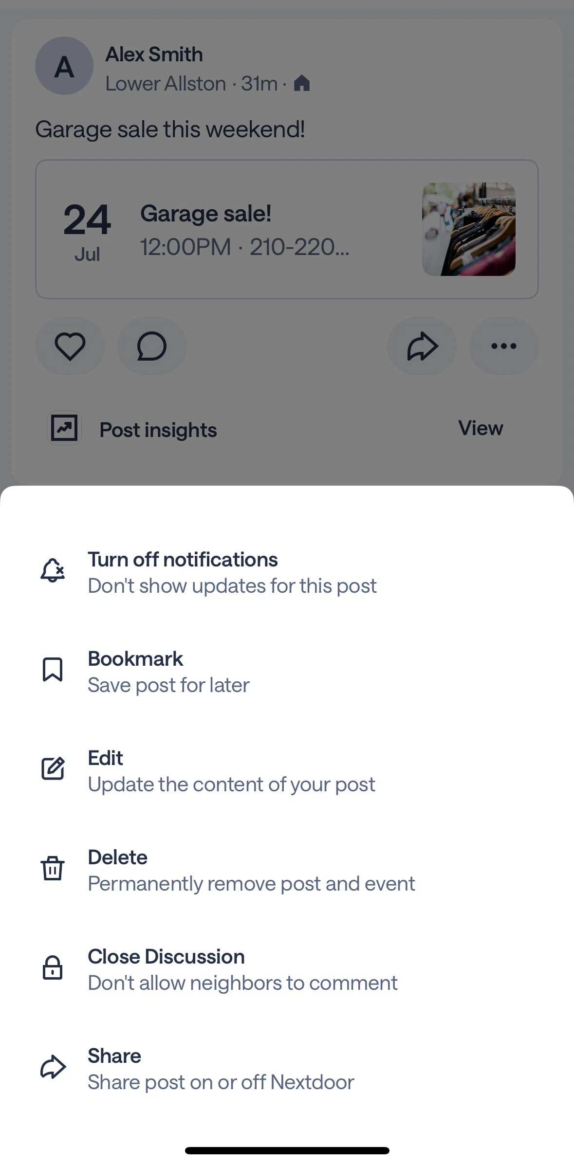 Nextdoor Screen screen in the Hiding comments flow