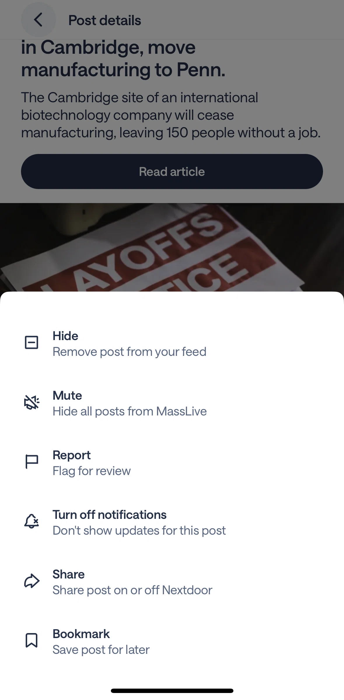 Nextdoor Screen screen in the Reporting a post flow