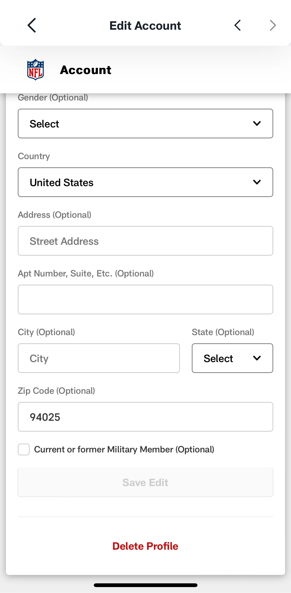 NFL Screen screen in the Deleting an account flow