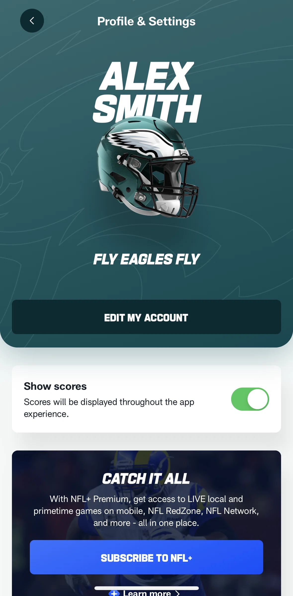 NFL Screen screen in the Editing an account flow