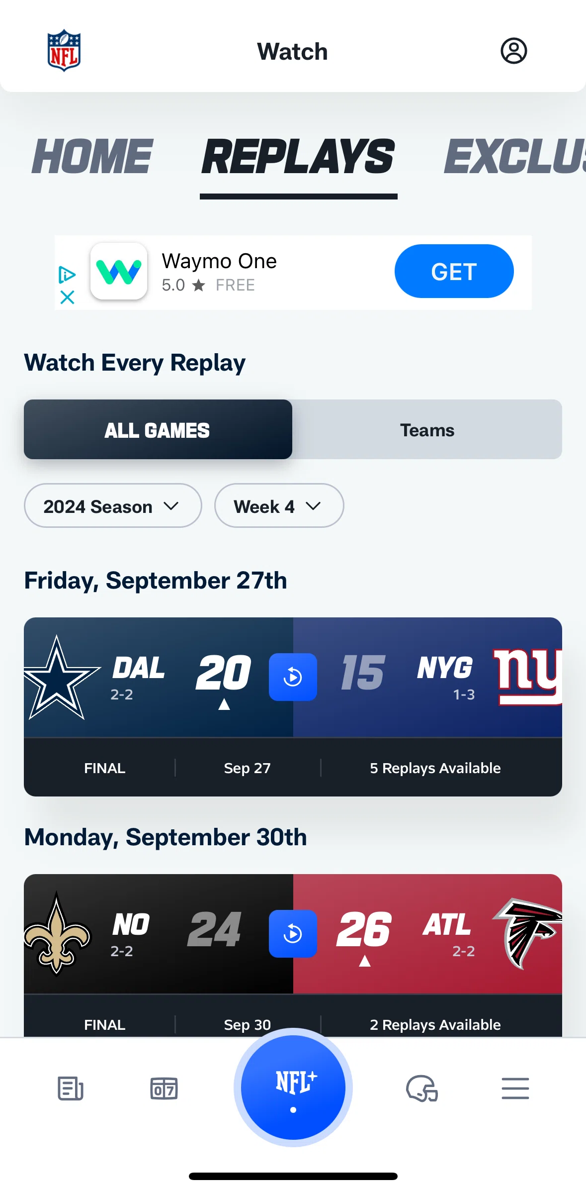 NFL Screen screen in the Filtering season flow