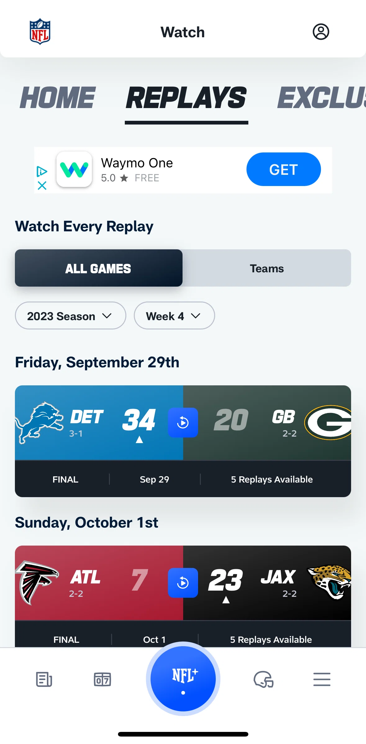 NFL Screen screen in the Filtering week flow