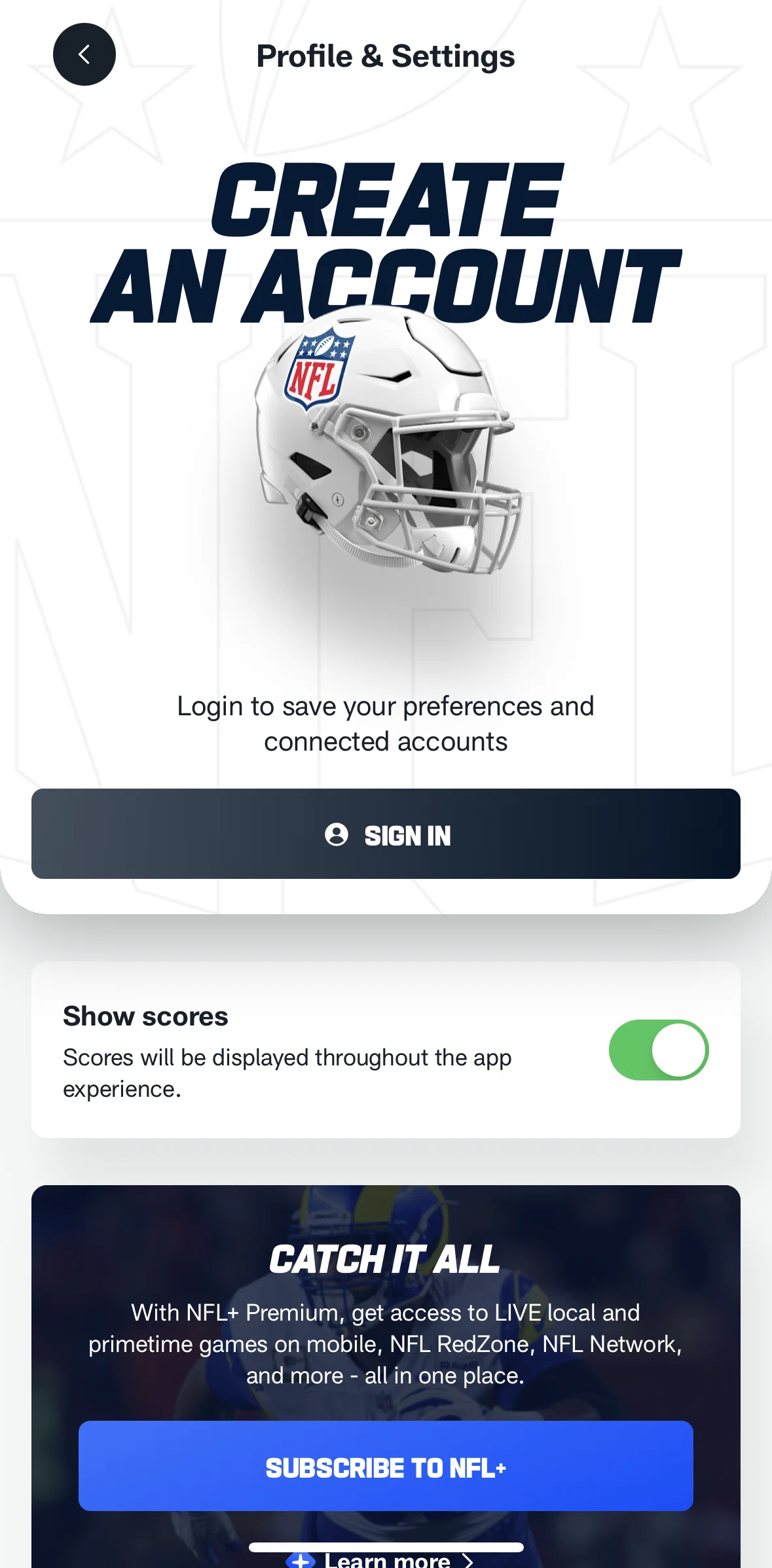 NFL Screen screen in the Logging In flow