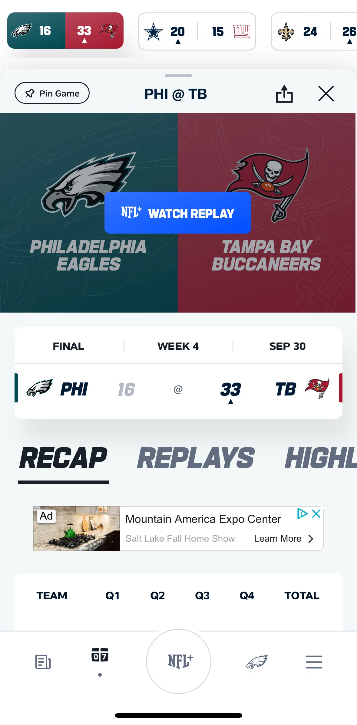 NFL Screen screen in the Match highlight flow