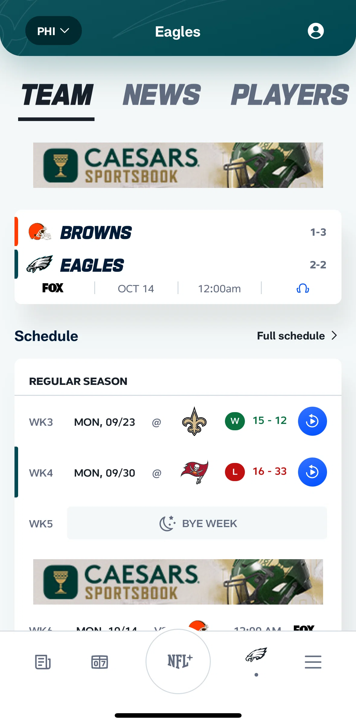 NFL Screen screen in the Match preview flow