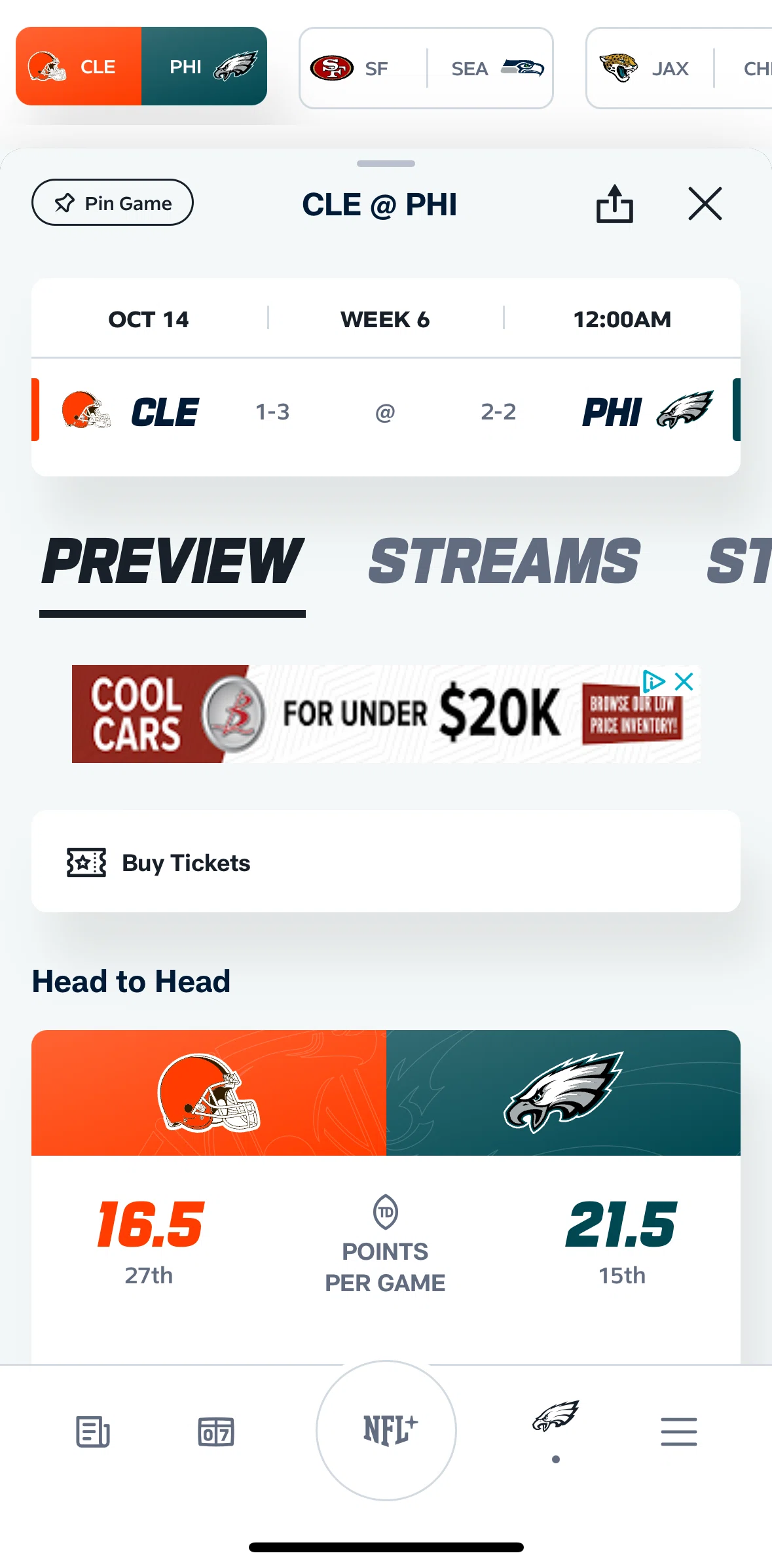 NFL Screen screen in the Pinning game flow