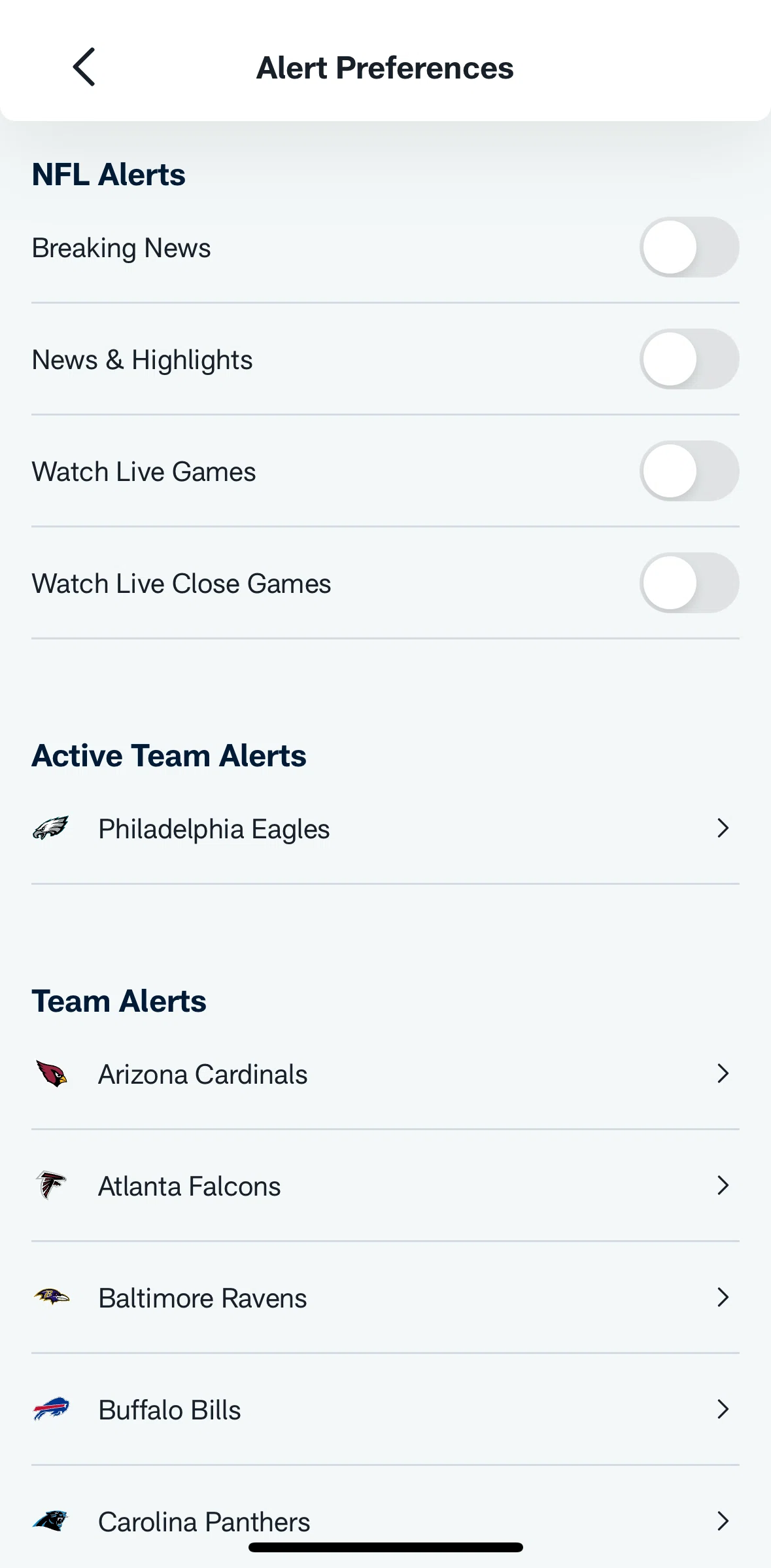 NFL Screen screen in the Updating team alerts flow