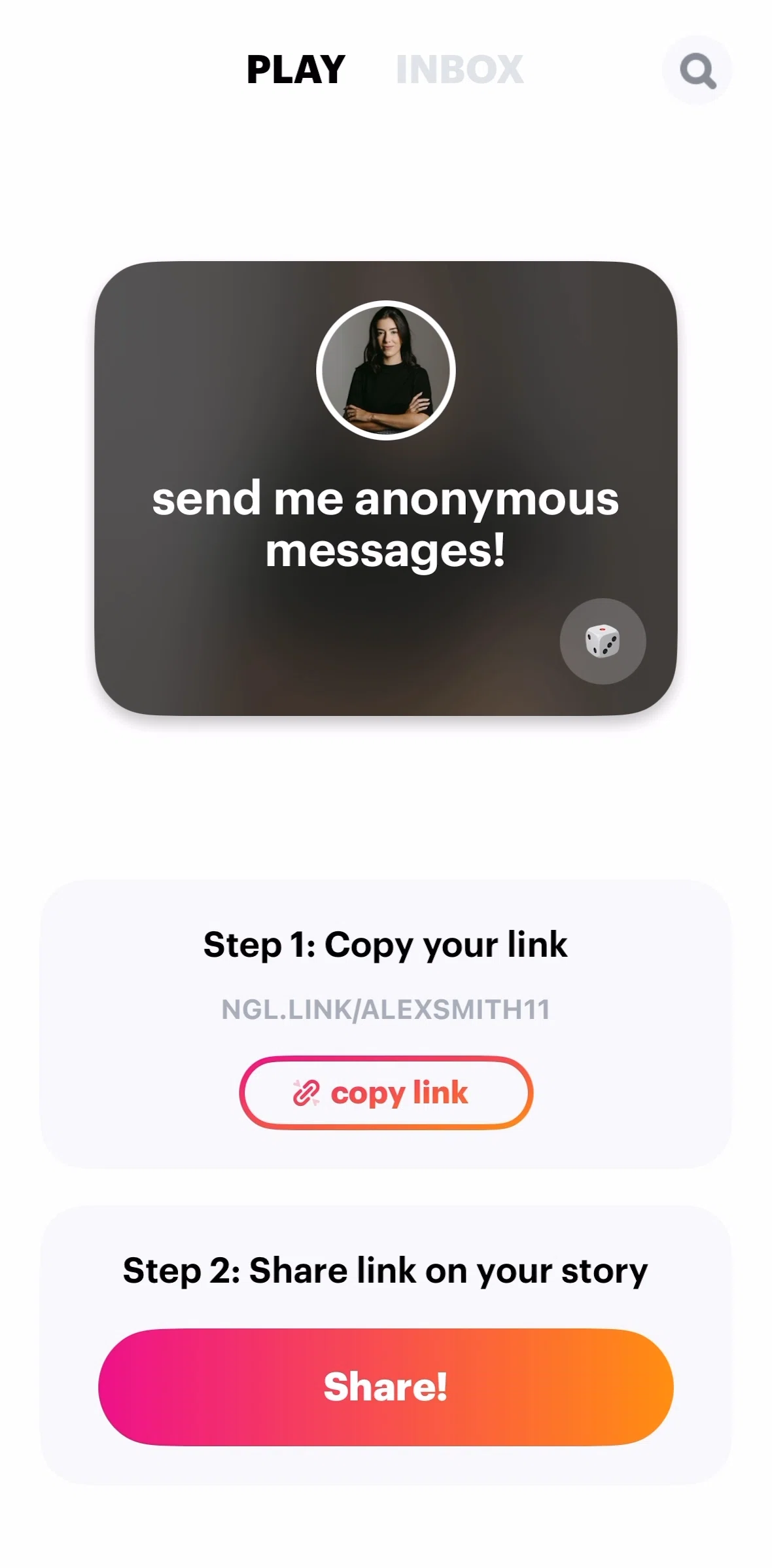 NGL Screen screen in the Inbox flow