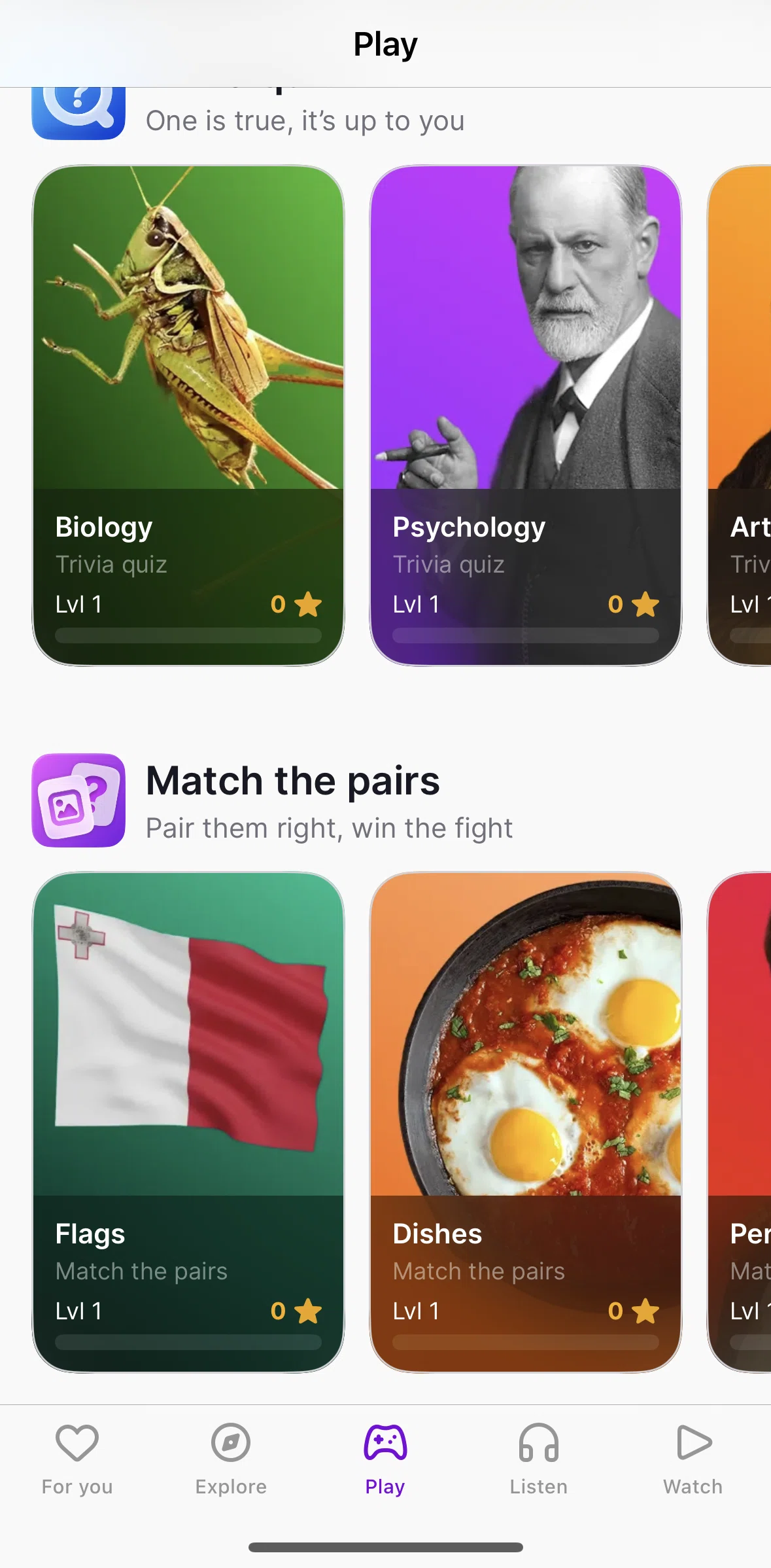 Nibble Screen screen in the Completing a quiz (match the pairs) flow