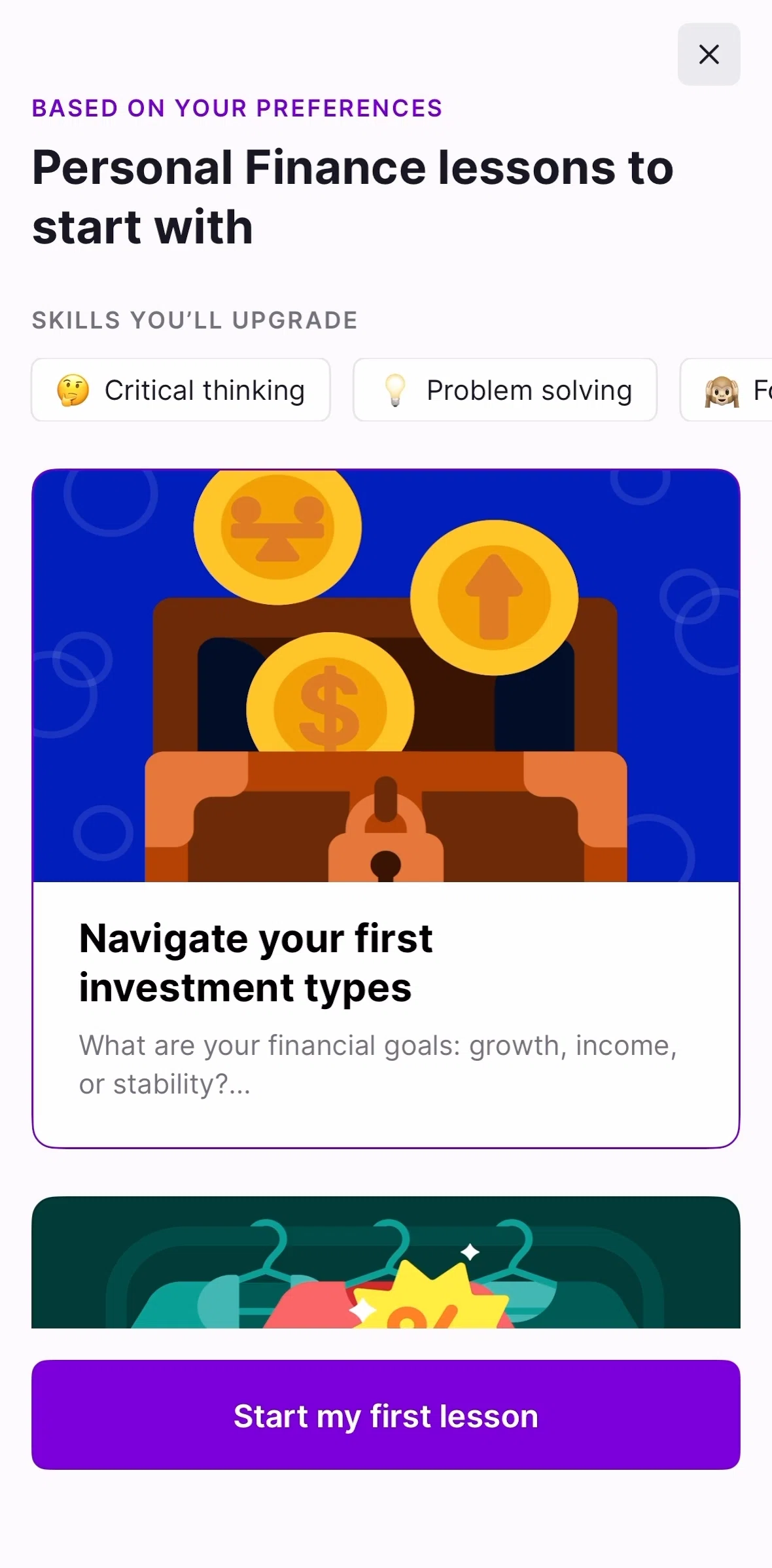 Nibble Screen screen in the Completing the first lesson flow
