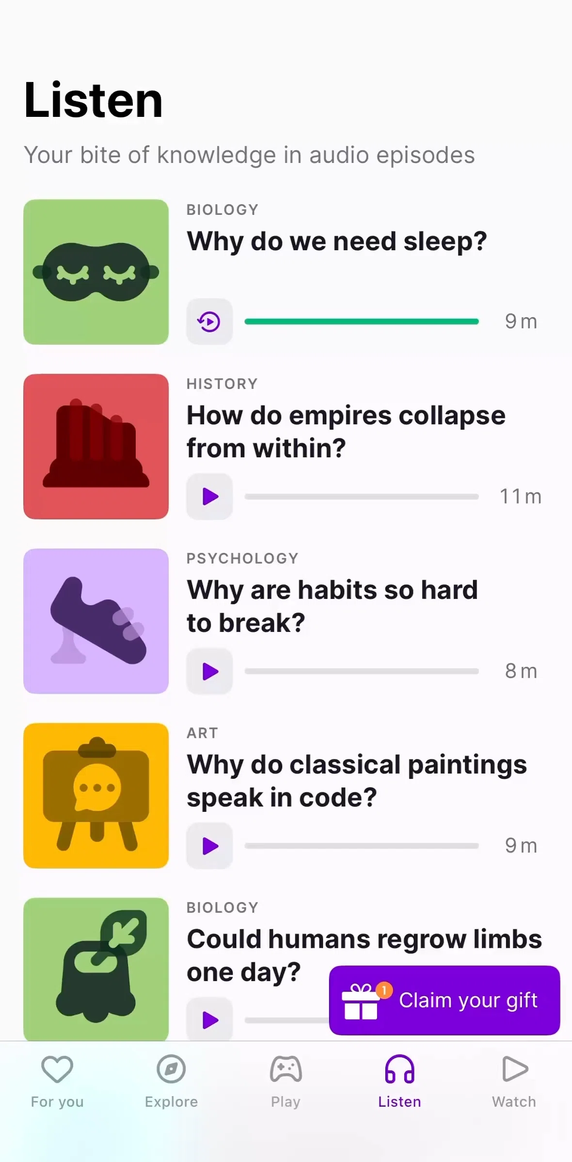 Nibble Screen screen in the Listening to an episode flow