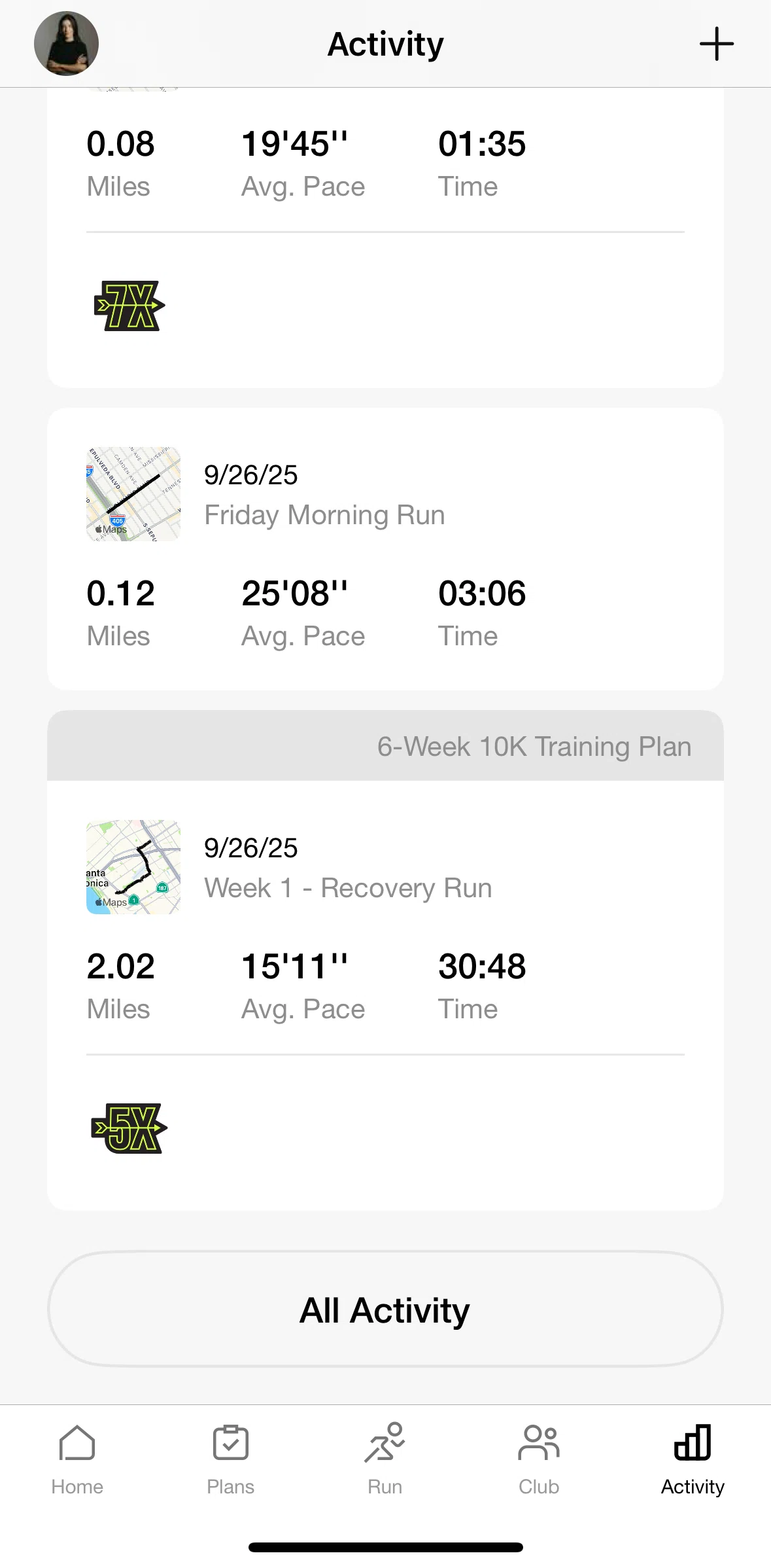 Nike Run Club Screen screen in the All activity flow