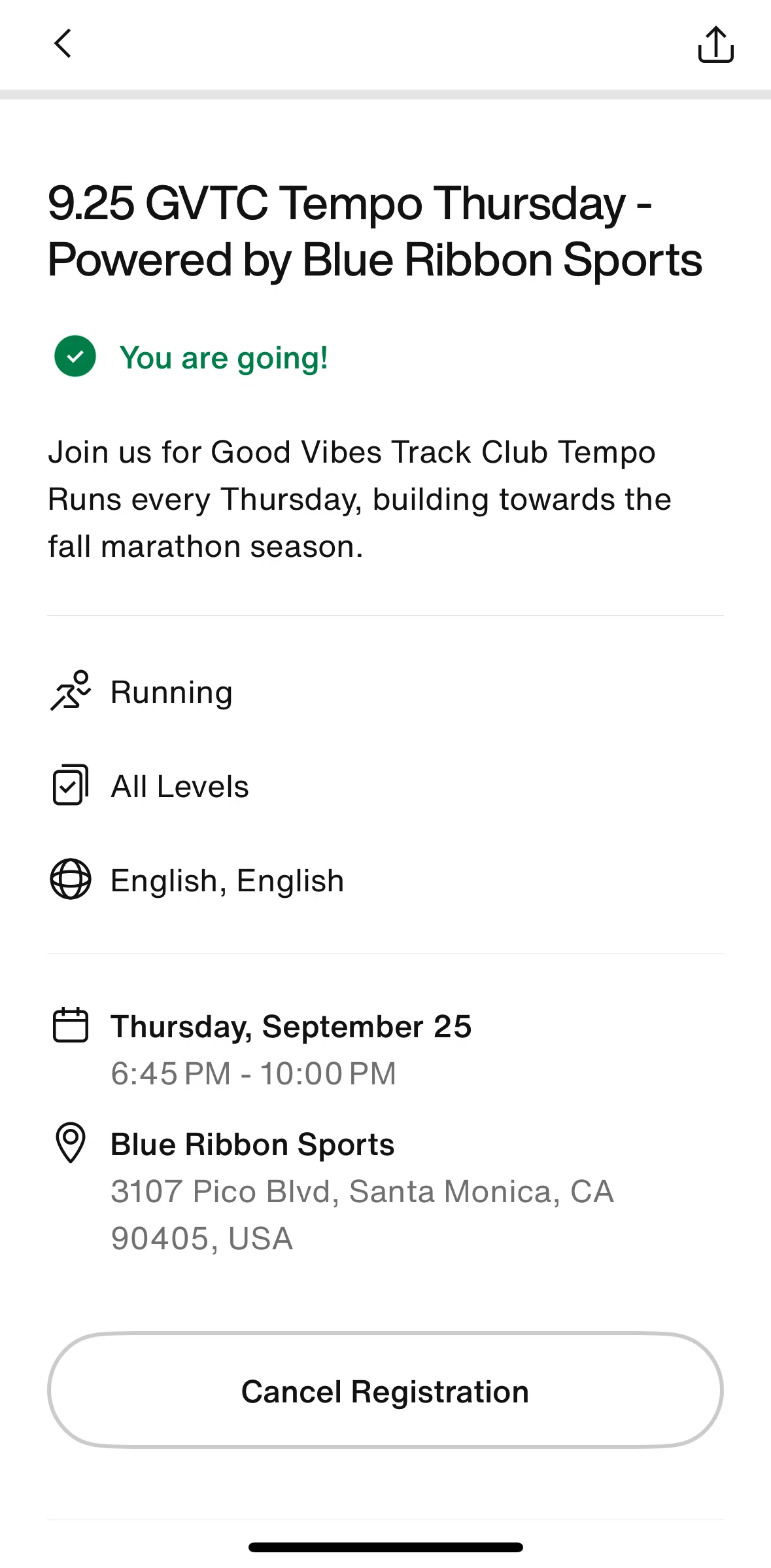 Nike Run Club Screen screen in the Canceling a registration flow
