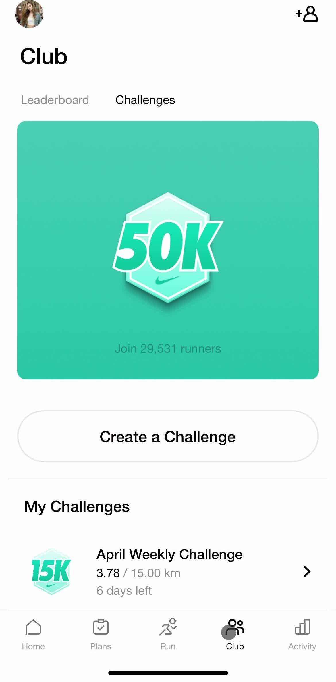Nike Run Club Home screen in the Creating A Challenge flow
