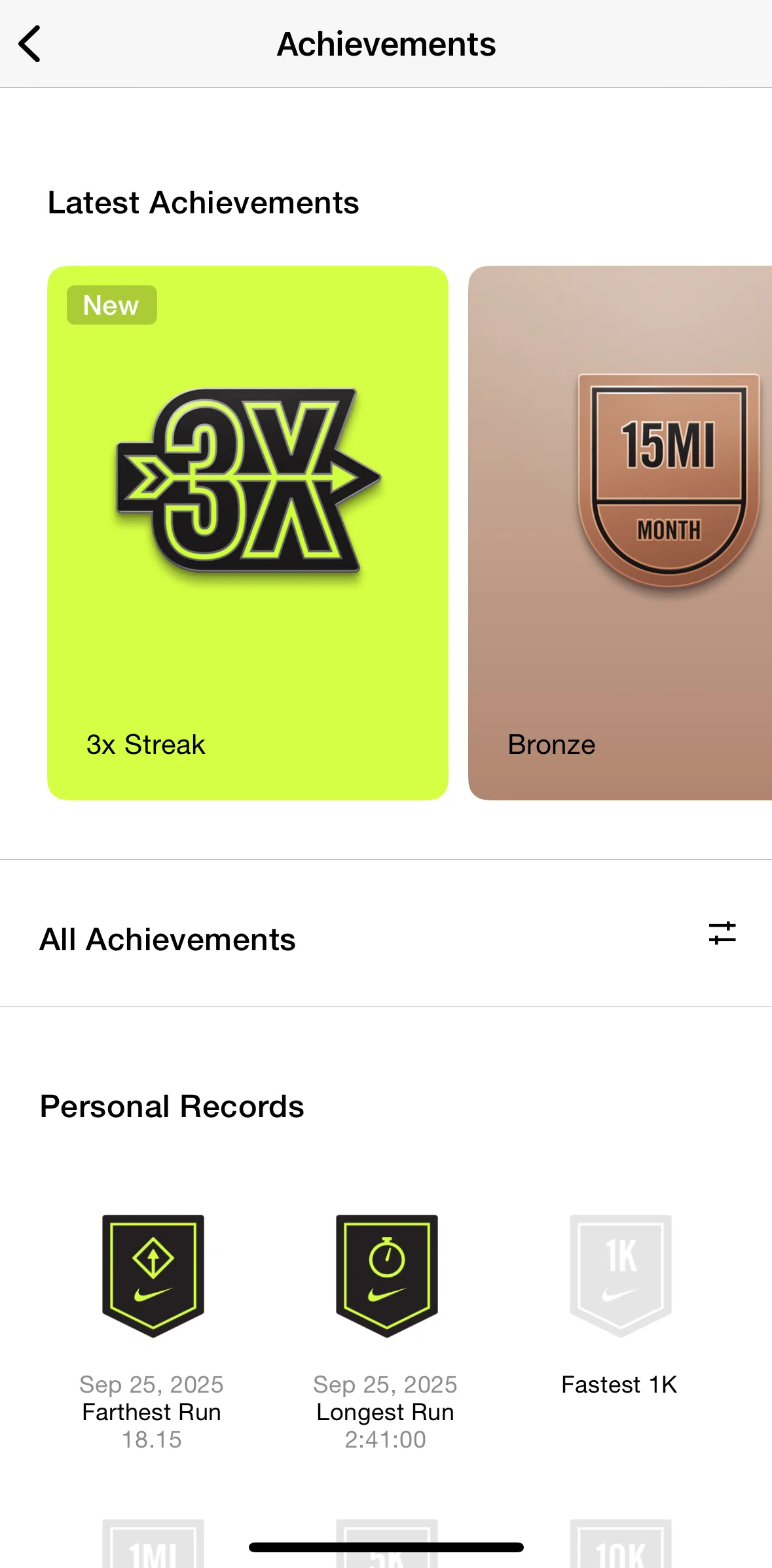 Nike Run Club Screen screen in the Filtering achievements flow