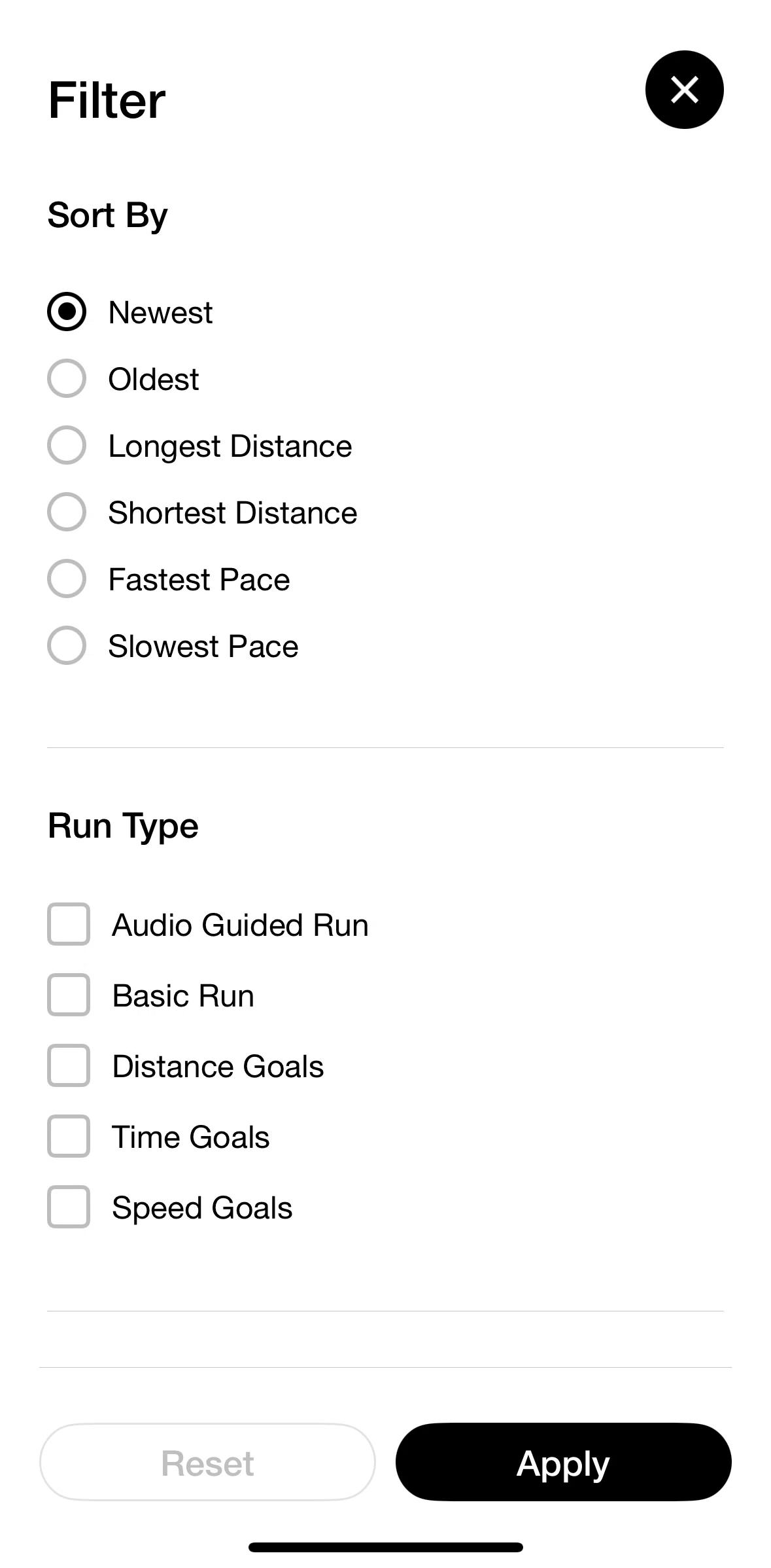 Nike Run Club Screen screen in the Filtering all actvity flow