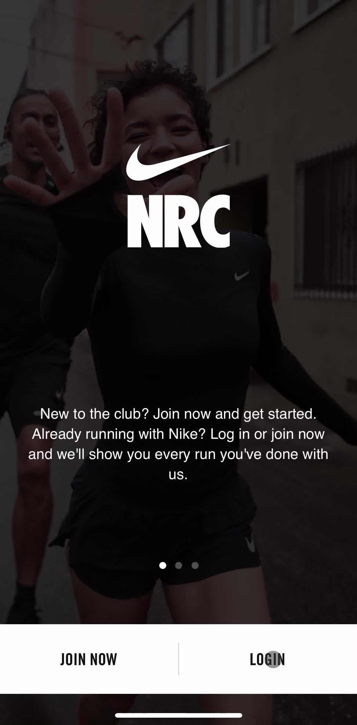 Nike Run Club Login screen in the Logging In flow