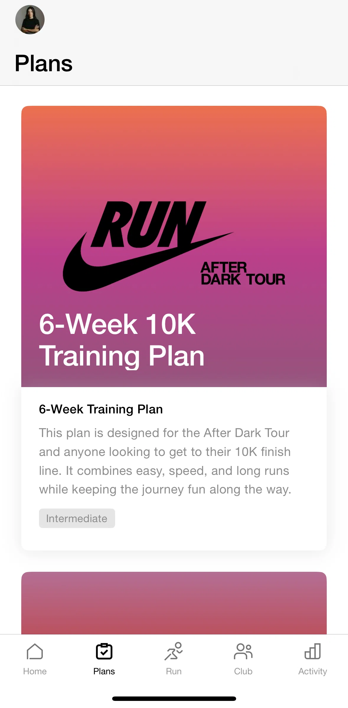 Nike Run Club Screen screen in the Plan detail flow