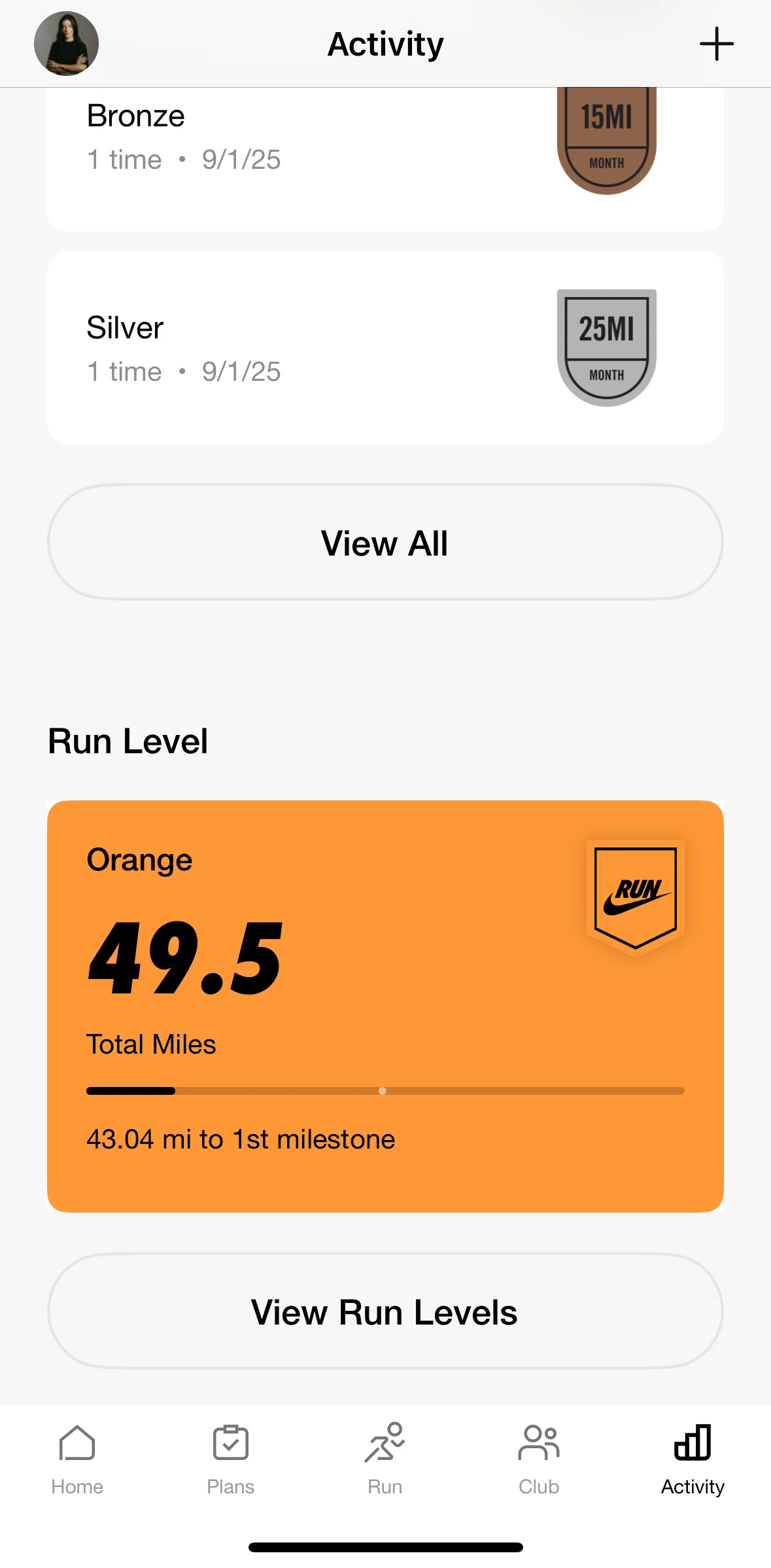 Nike Run Club Screen screen in the Run levels flow