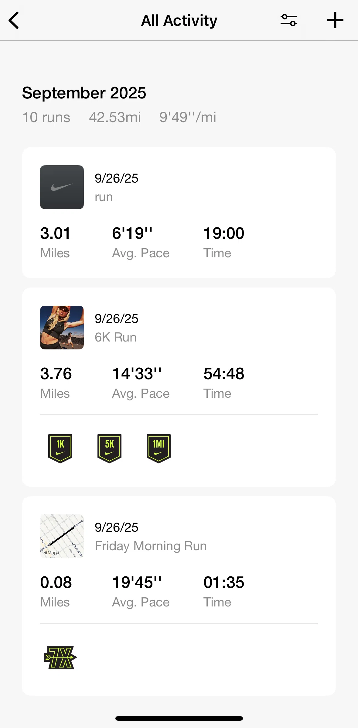 Nike Run Club Screen screen in the Sorting all activity flow
