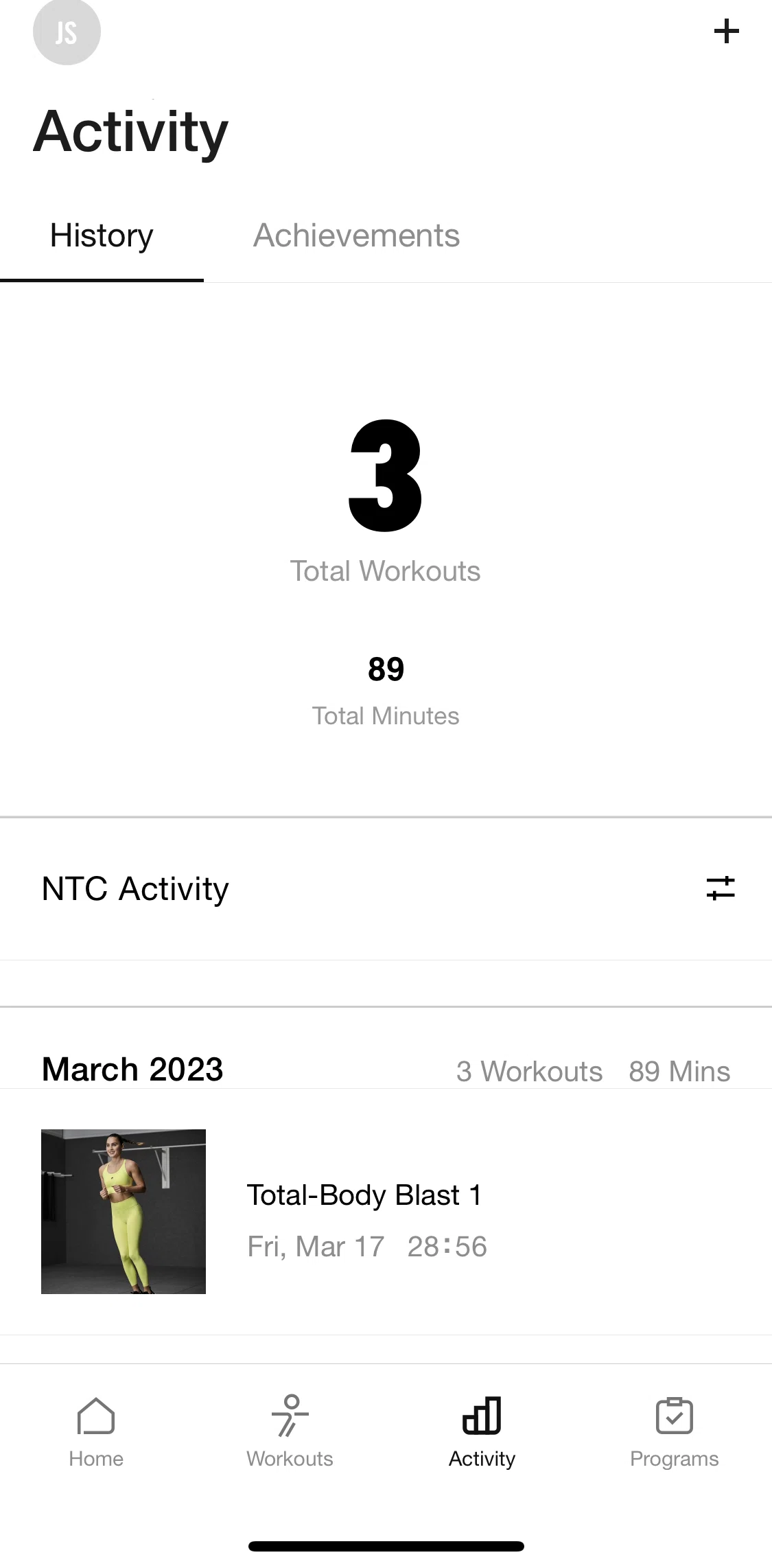Nike Training Club Screen screen in the Activity flow