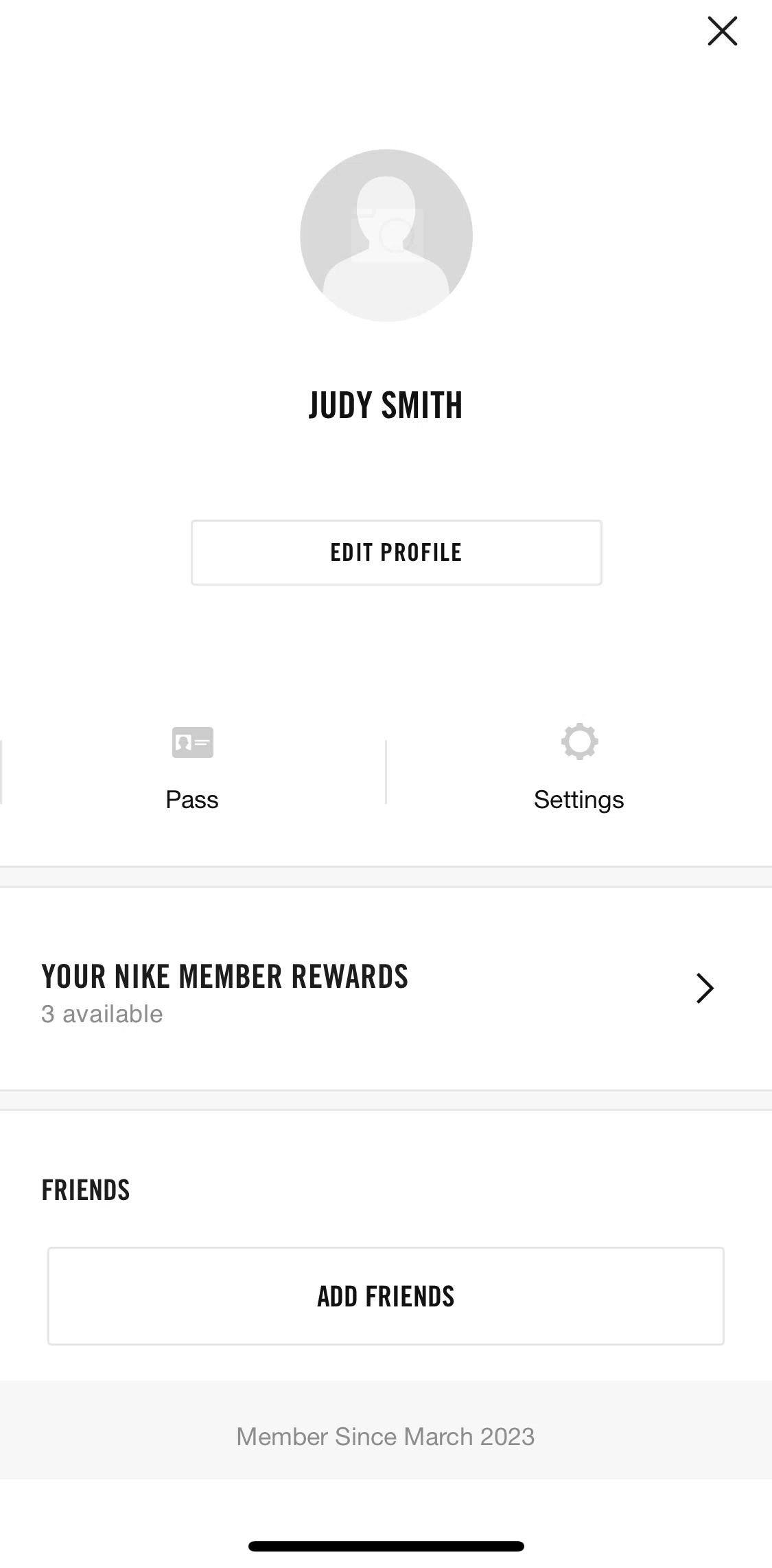 Nike Training Club Screen screen in the Editing profile flow